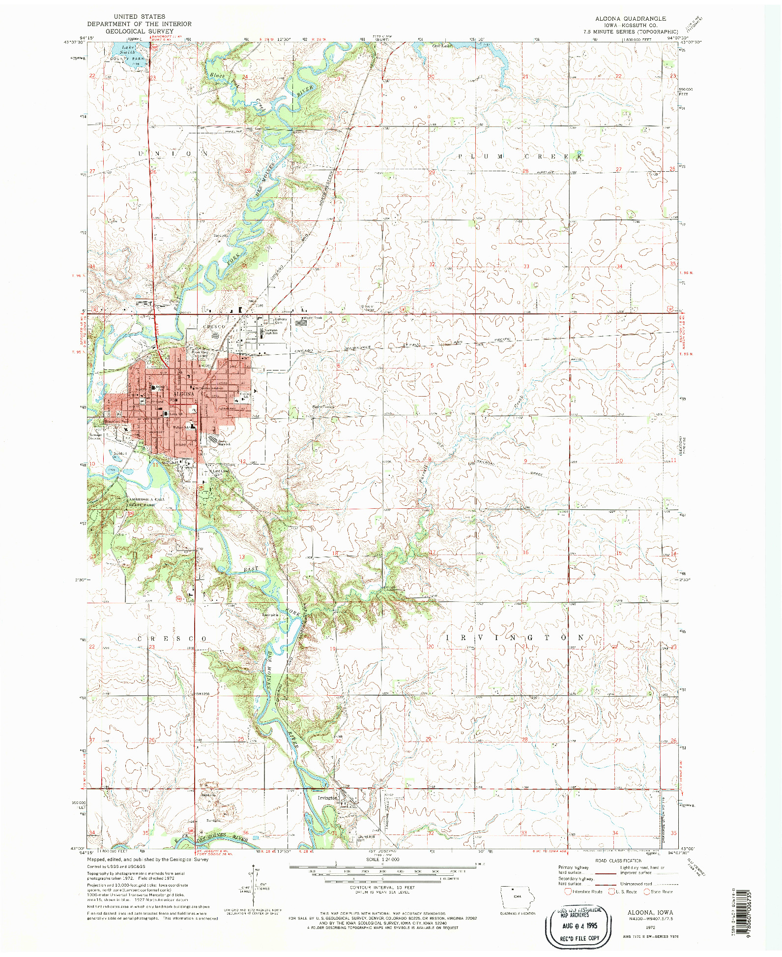 USGS 1:24000-SCALE QUADRANGLE FOR ALGONA, IA 1972