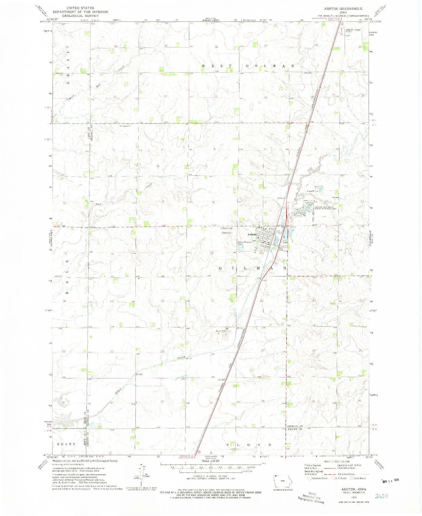 USGS 1:24000-SCALE QUADRANGLE FOR ASHTON, IA 1972