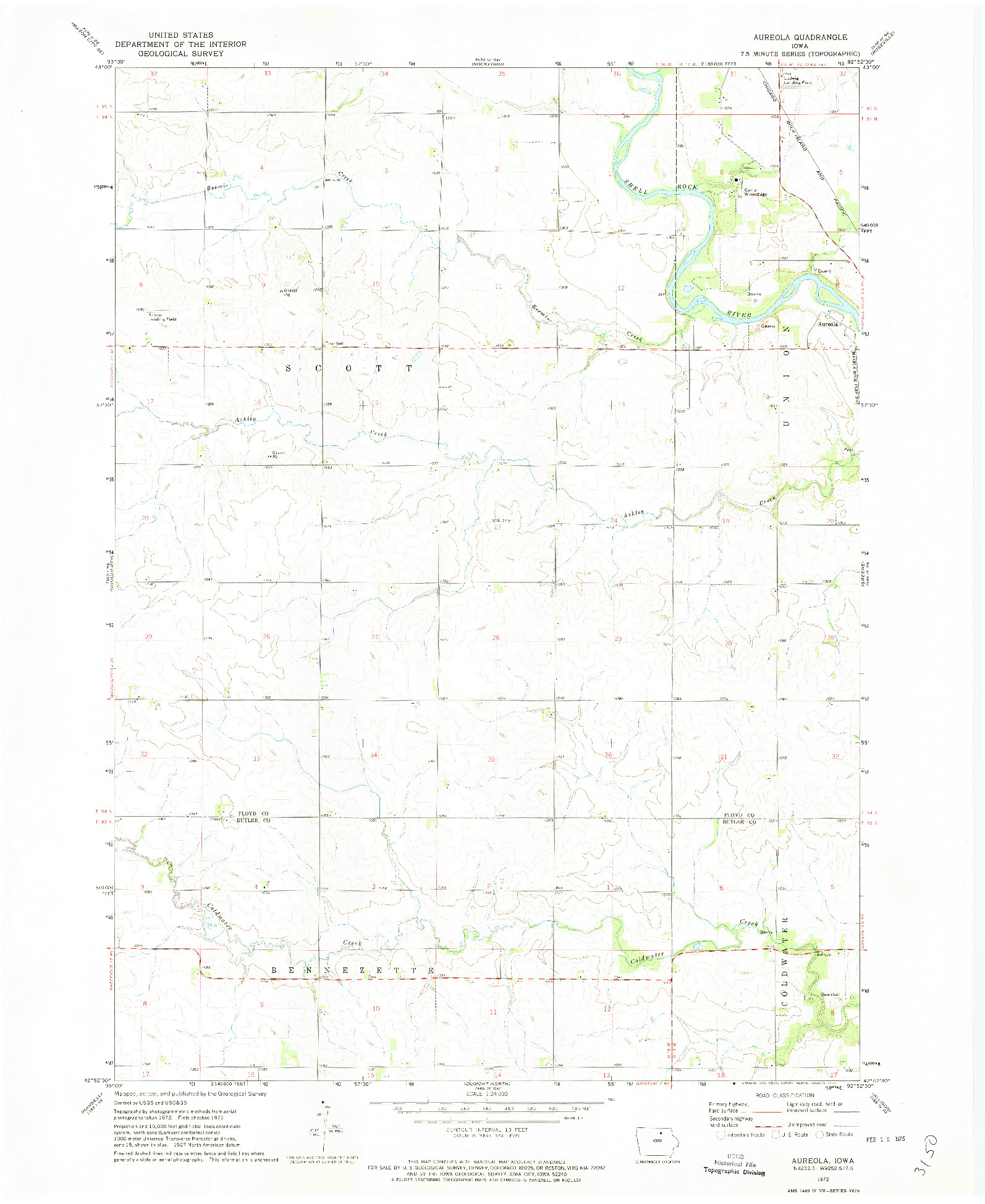 USGS 1:24000-SCALE QUADRANGLE FOR AUREOLA, IA 1972