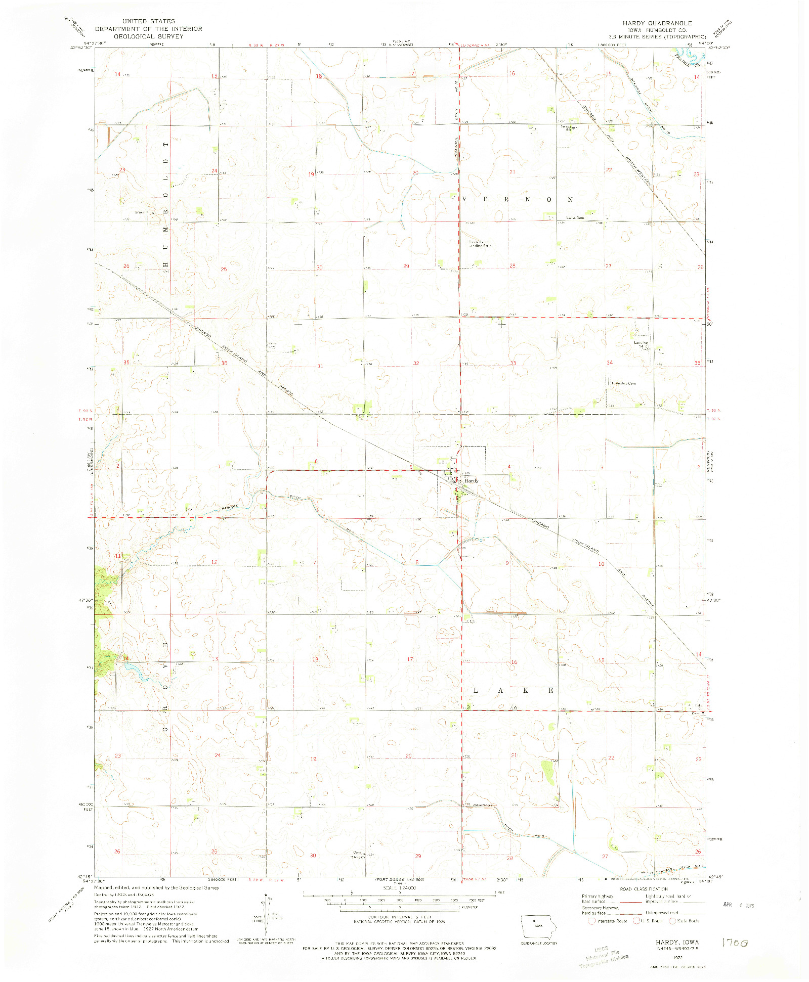 USGS 1:24000-SCALE QUADRANGLE FOR HARDY, IA 1972