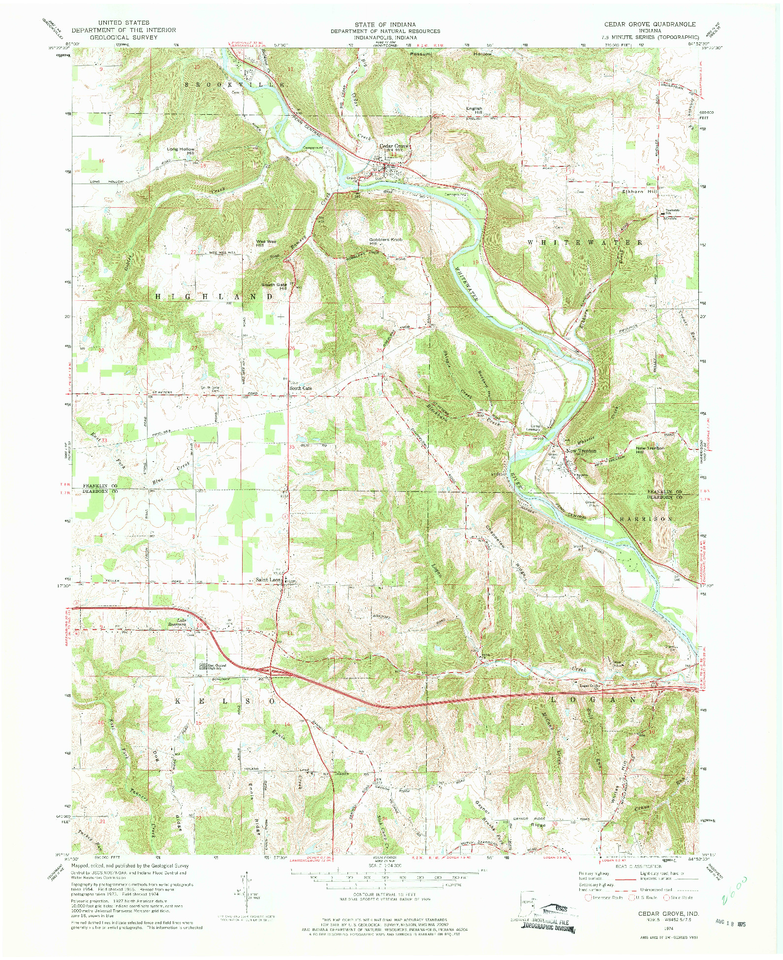 USGS 1:24000-SCALE QUADRANGLE FOR CEDAR GROVE, IN 1974