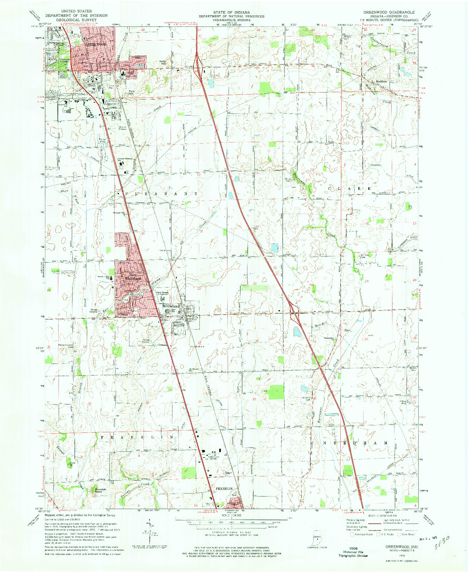 USGS 1:24000-SCALE QUADRANGLE FOR GREENWOOD, IN 1973