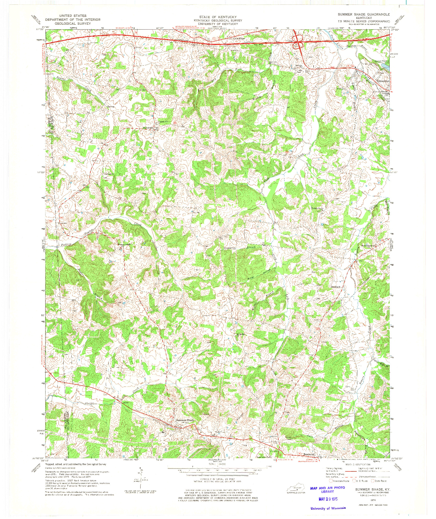 USGS 1:24000-SCALE QUADRANGLE FOR SUMMER SHADE, KY 1974