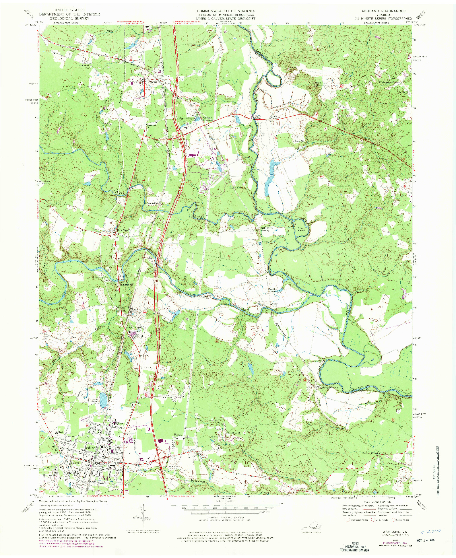 USGS 1:24000-SCALE QUADRANGLE FOR ASHLAND, VA 1969