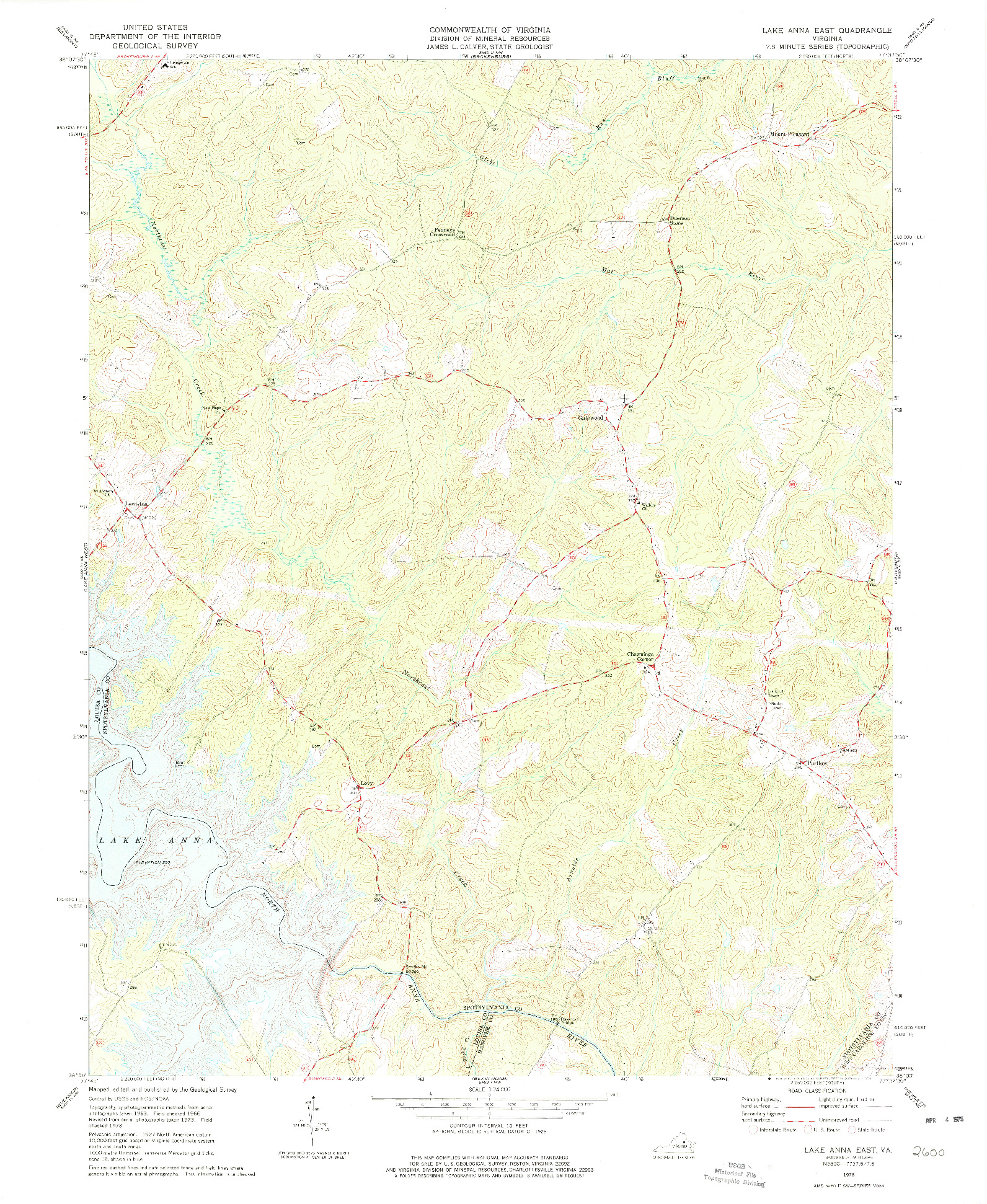 USGS 1:24000-SCALE QUADRANGLE FOR LAKE ANNA EAST, VA 1973