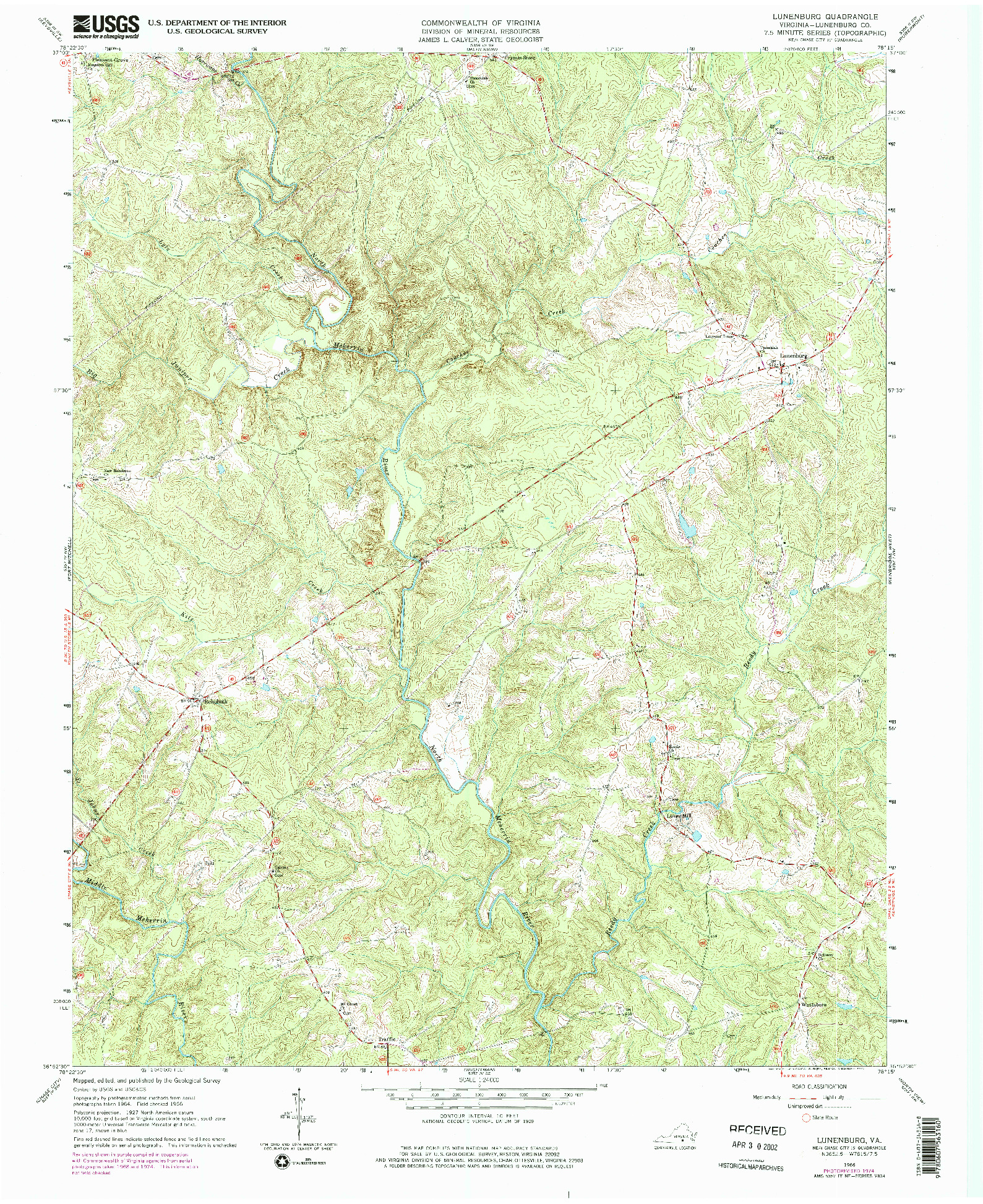 USGS 1:24000-SCALE QUADRANGLE FOR LUNENBURG, VA 1966