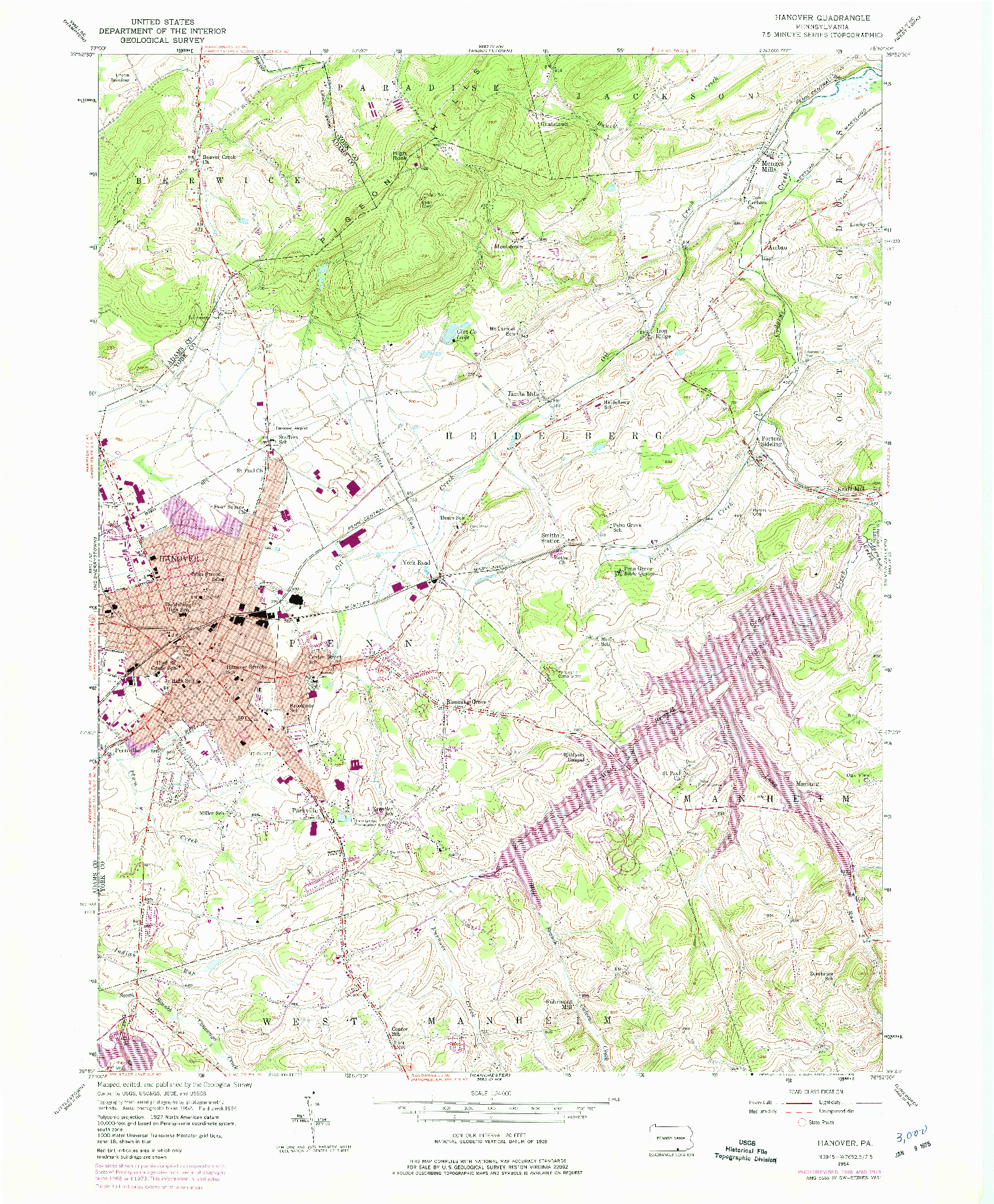 USGS 1:24000-SCALE QUADRANGLE FOR HANOVER, PA 1954