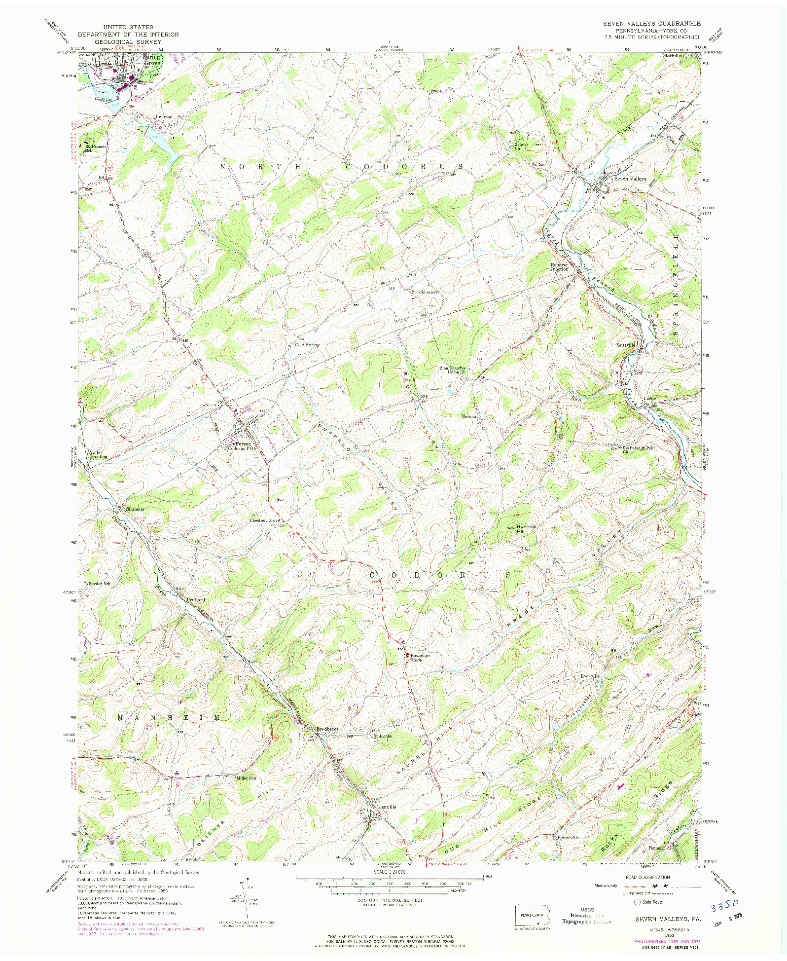 USGS 1:24000-SCALE QUADRANGLE FOR SEVEN VALLEYS, PA 1953