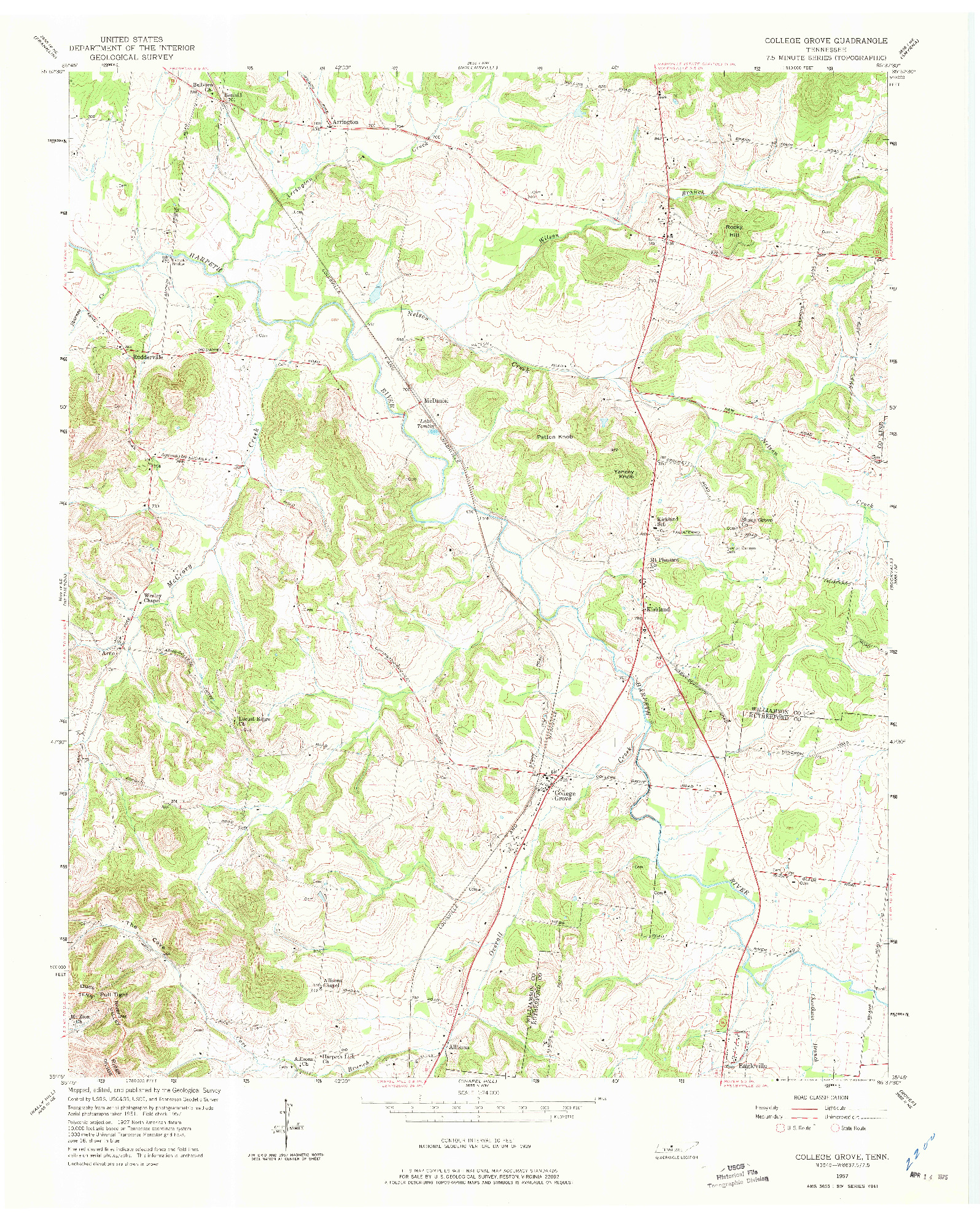 USGS 1:24000-SCALE QUADRANGLE FOR COLLEGE GROVE, TN 1957