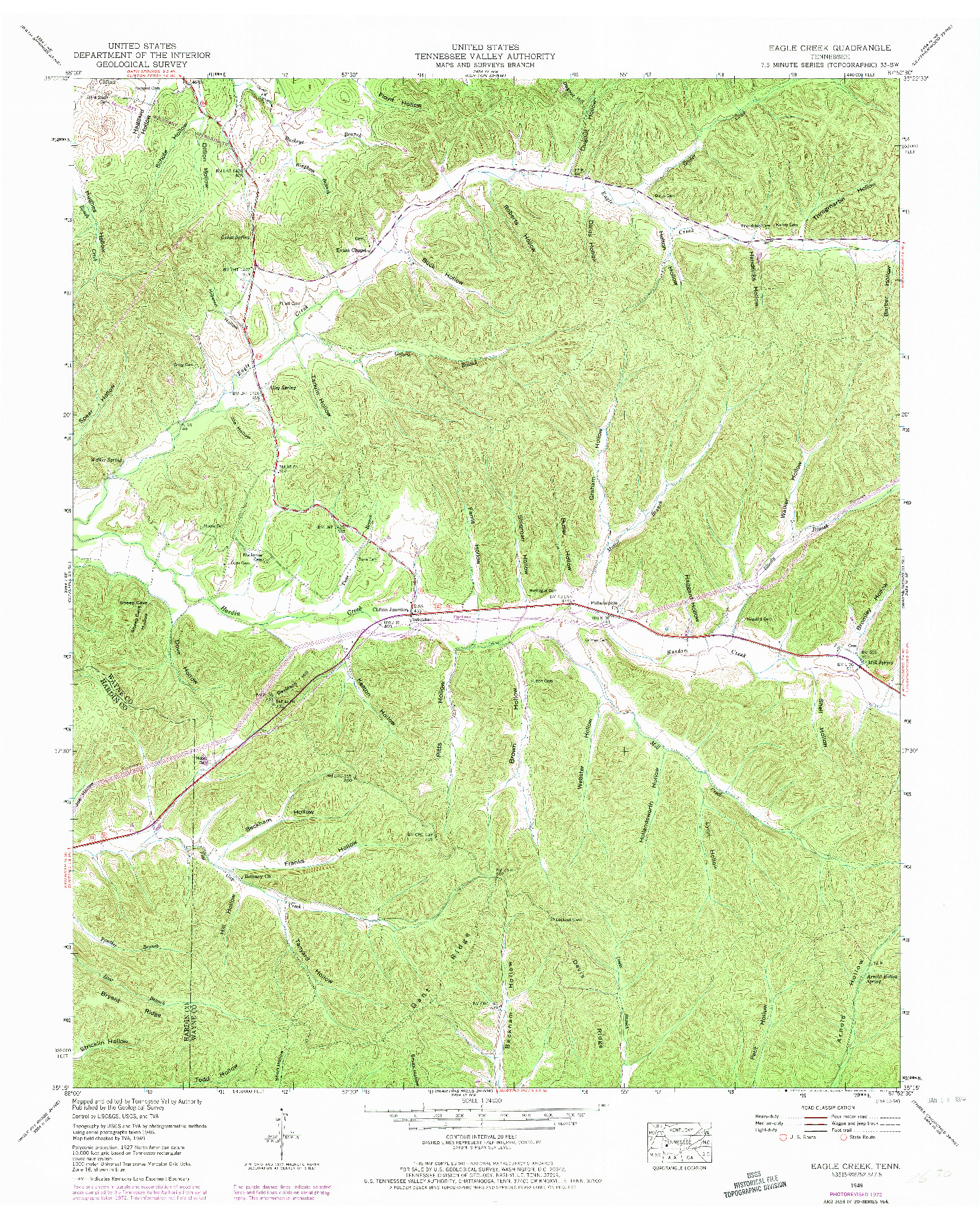 USGS 1:24000-SCALE QUADRANGLE FOR EAGLE CREEK, TN 1949