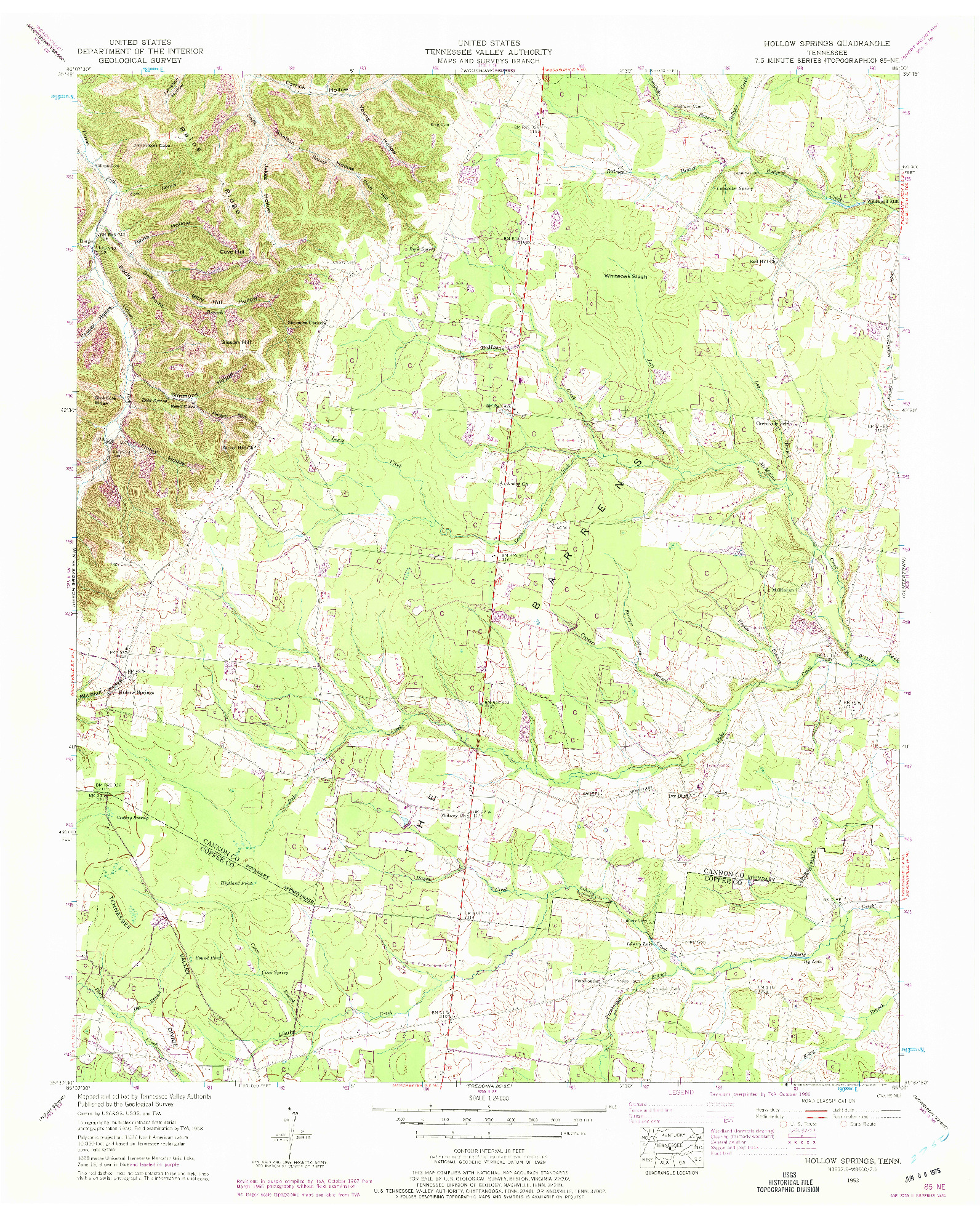 USGS 1:24000-SCALE QUADRANGLE FOR HOLLOW SPRINGS, TN 1953