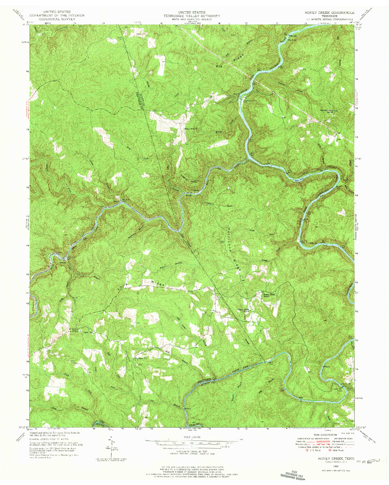 USGS 1:24000-SCALE QUADRANGLE FOR HONEY CREEK, TN 1952