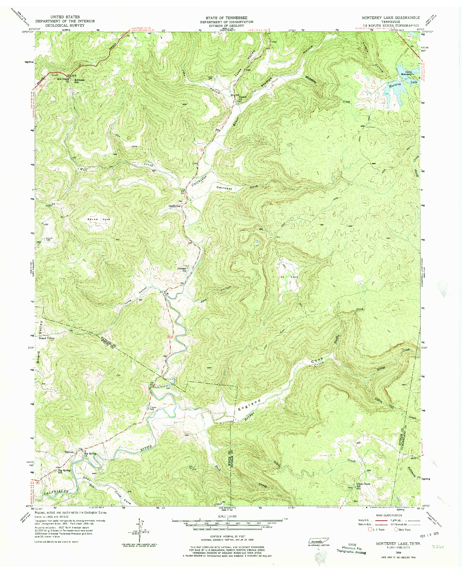 USGS 1:24000-SCALE QUADRANGLE FOR MONTEREY LAKE, TN 1956