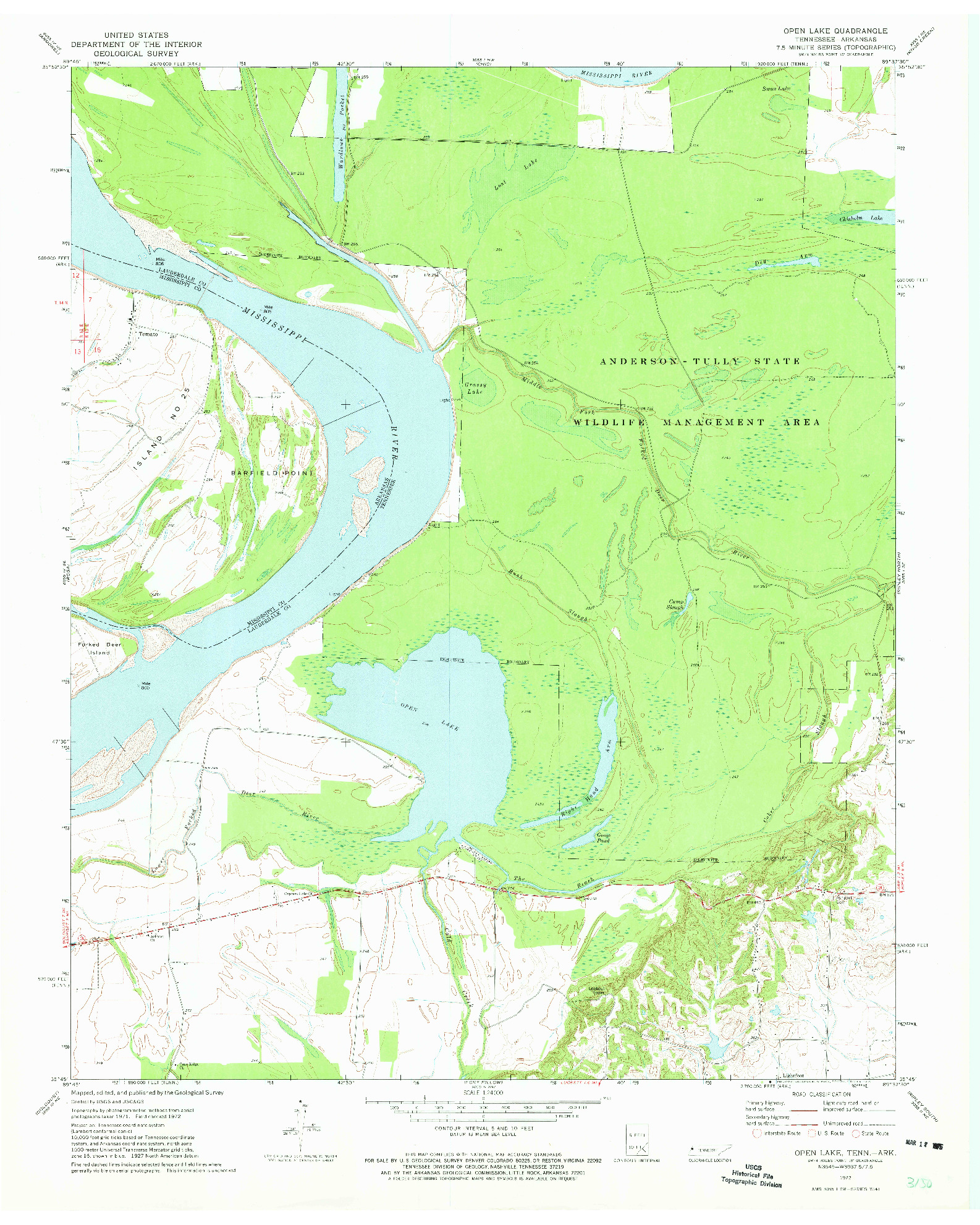 USGS 1:24000-SCALE QUADRANGLE FOR OPEN LAKE, TN 1972