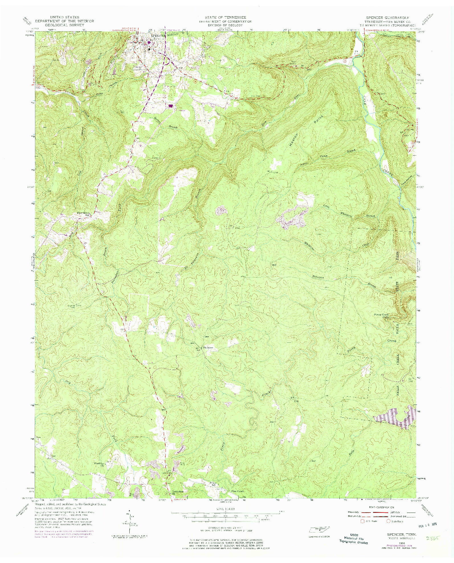 USGS 1:24000-SCALE QUADRANGLE FOR SPENCER, TN 1954