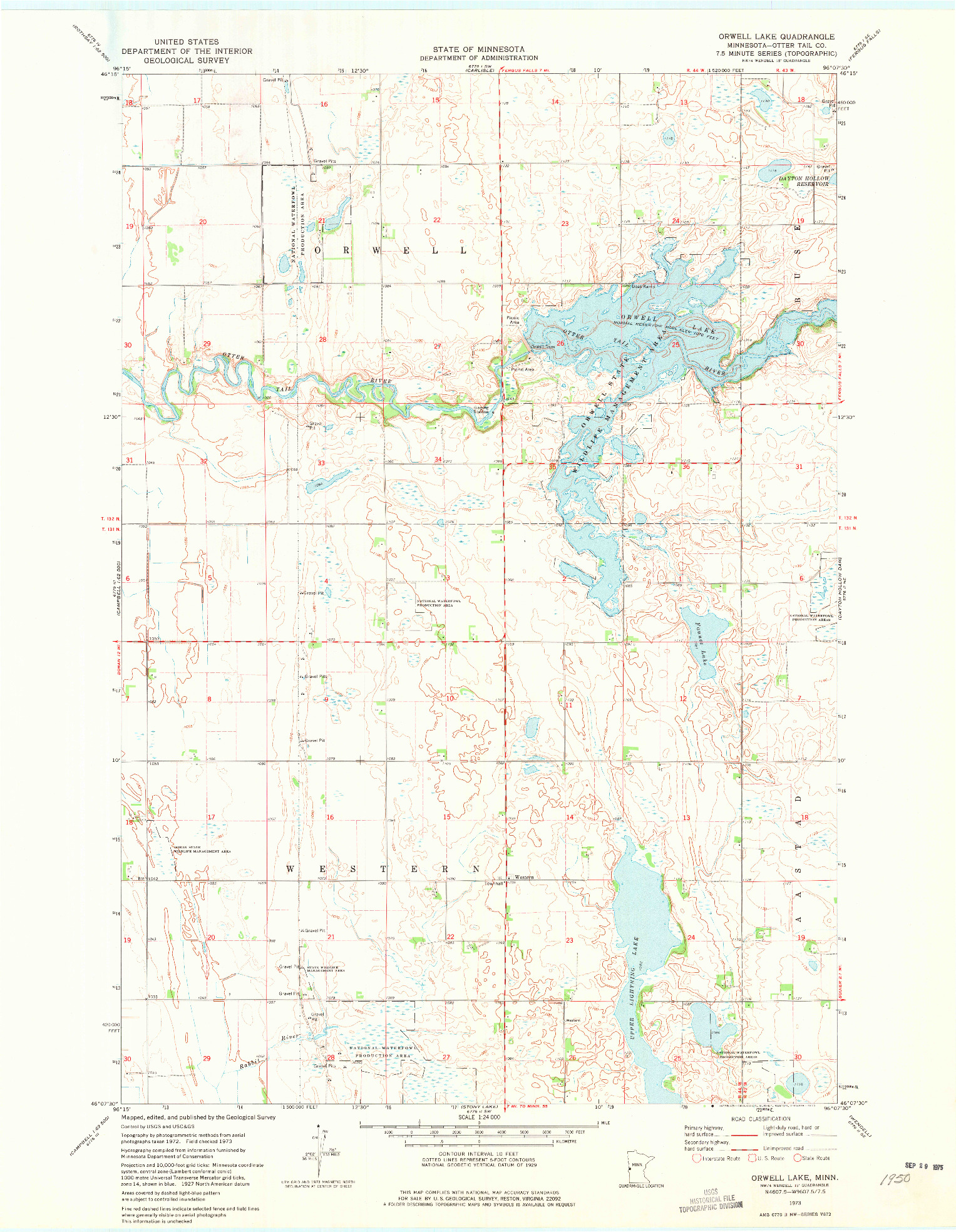USGS 1:24000-SCALE QUADRANGLE FOR ORWELL LAKE, MN 1973