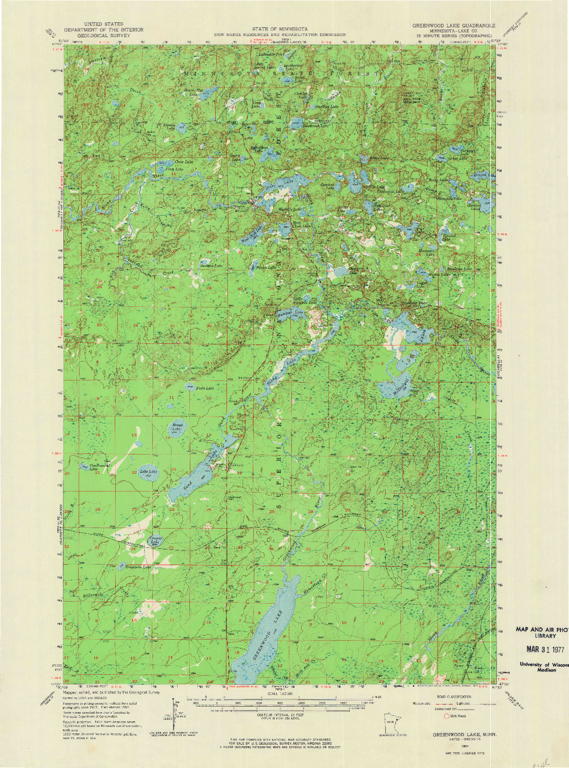 USGS 1:62500-SCALE QUADRANGLE FOR GREENWOOD LAKE, MN 1954