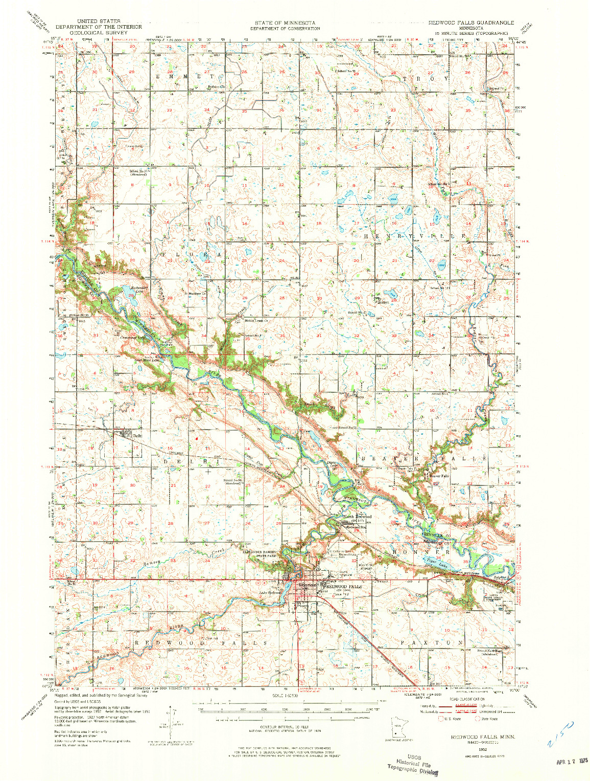 USGS 1:62500-SCALE QUADRANGLE FOR REDWOOD FALLS, MN 1952