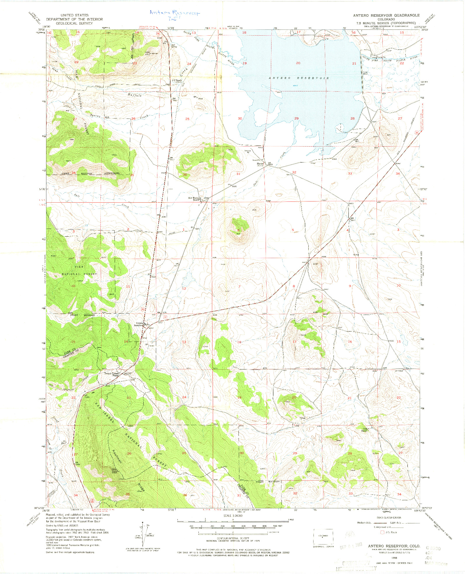 USGS 1:24000-SCALE QUADRANGLE FOR ANTERO RESERVOIR, CO 1956