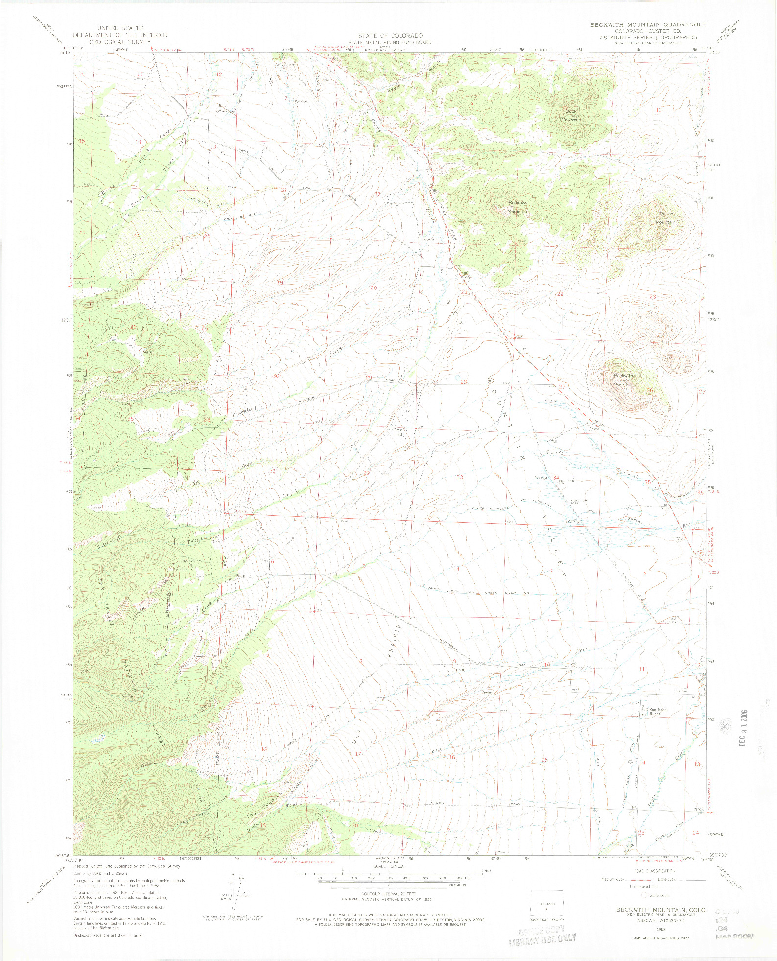 USGS 1:24000-SCALE QUADRANGLE FOR BECKWITH MOUNTAIN, CO 1958