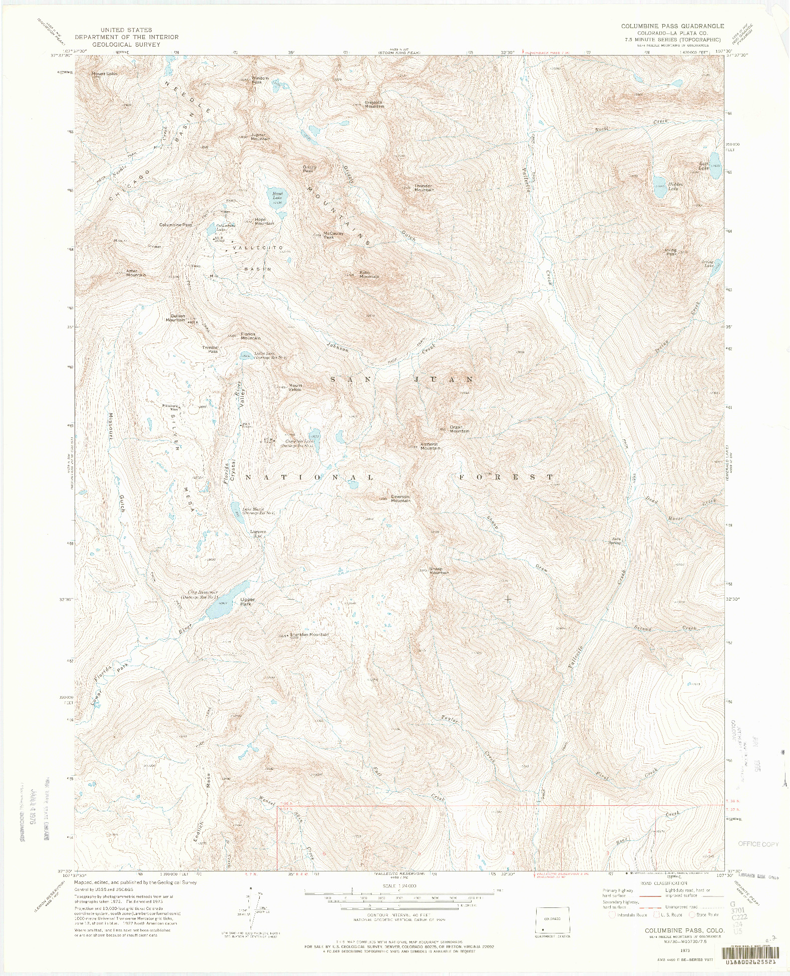 USGS 1:24000-SCALE QUADRANGLE FOR COLUMBINE PASS, CO 1973