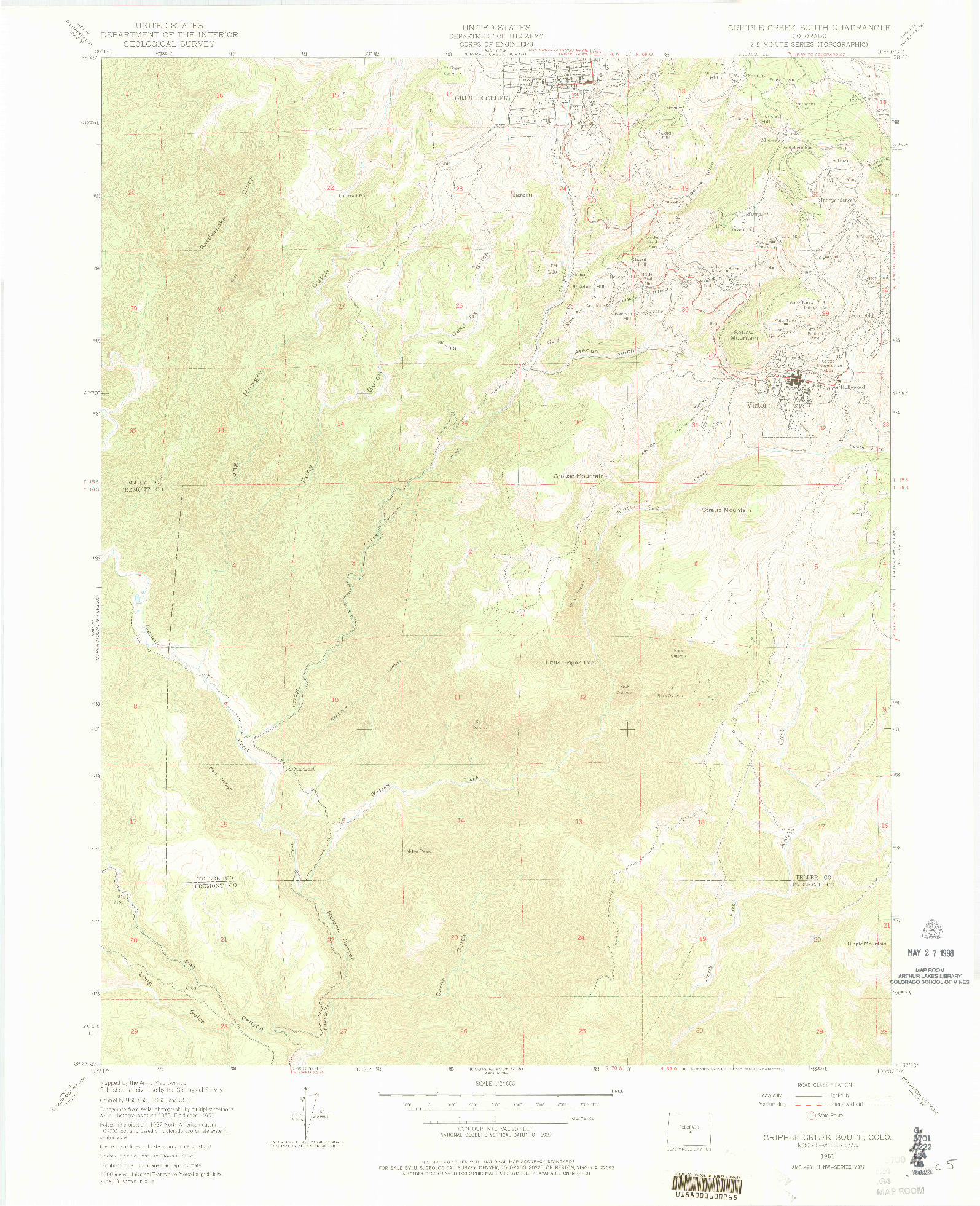 USGS 1:24000-SCALE QUADRANGLE FOR CRIPPLE CREEK SOUTH, CO 1951