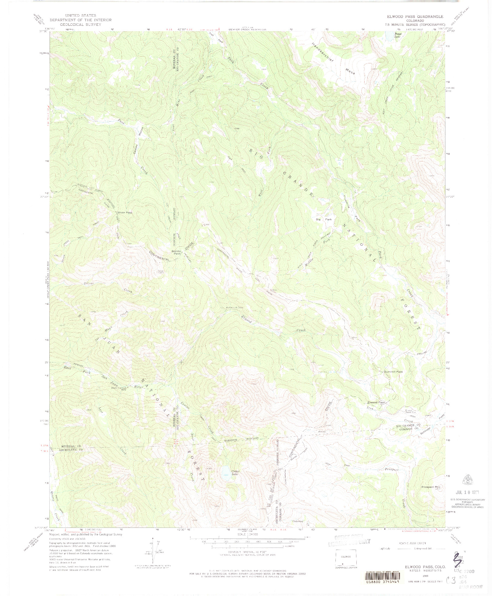 USGS 1:24000-SCALE QUADRANGLE FOR ELWOOD PASS, CO 1966