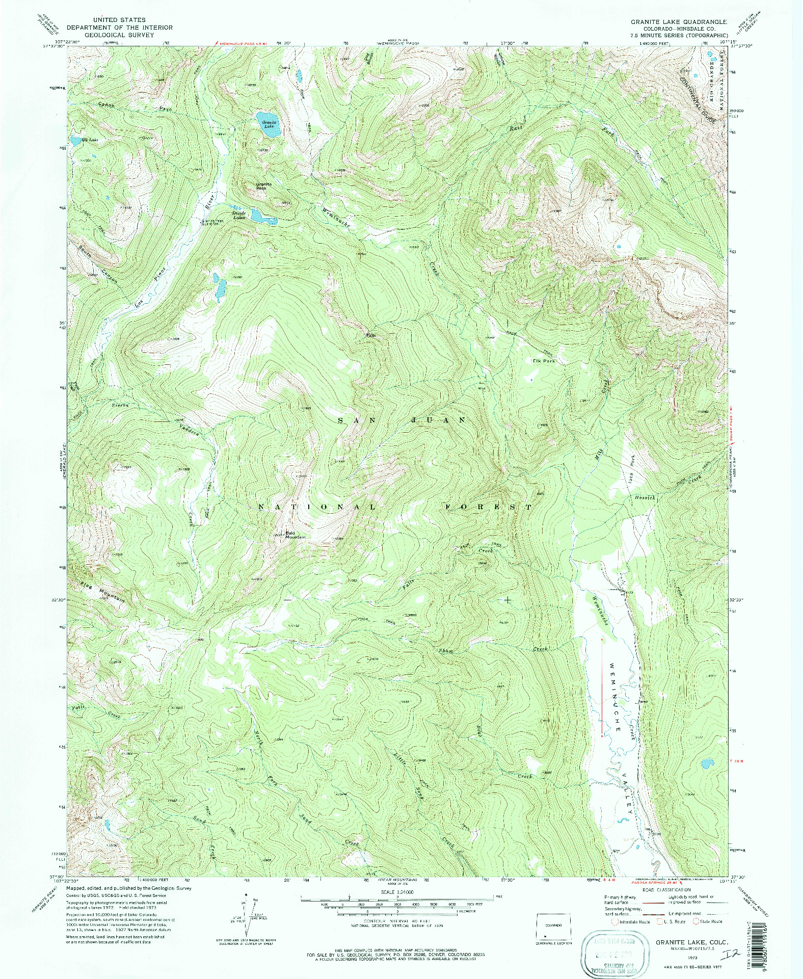 USGS 1:24000-SCALE QUADRANGLE FOR GRANITE LAKE, CO 1973