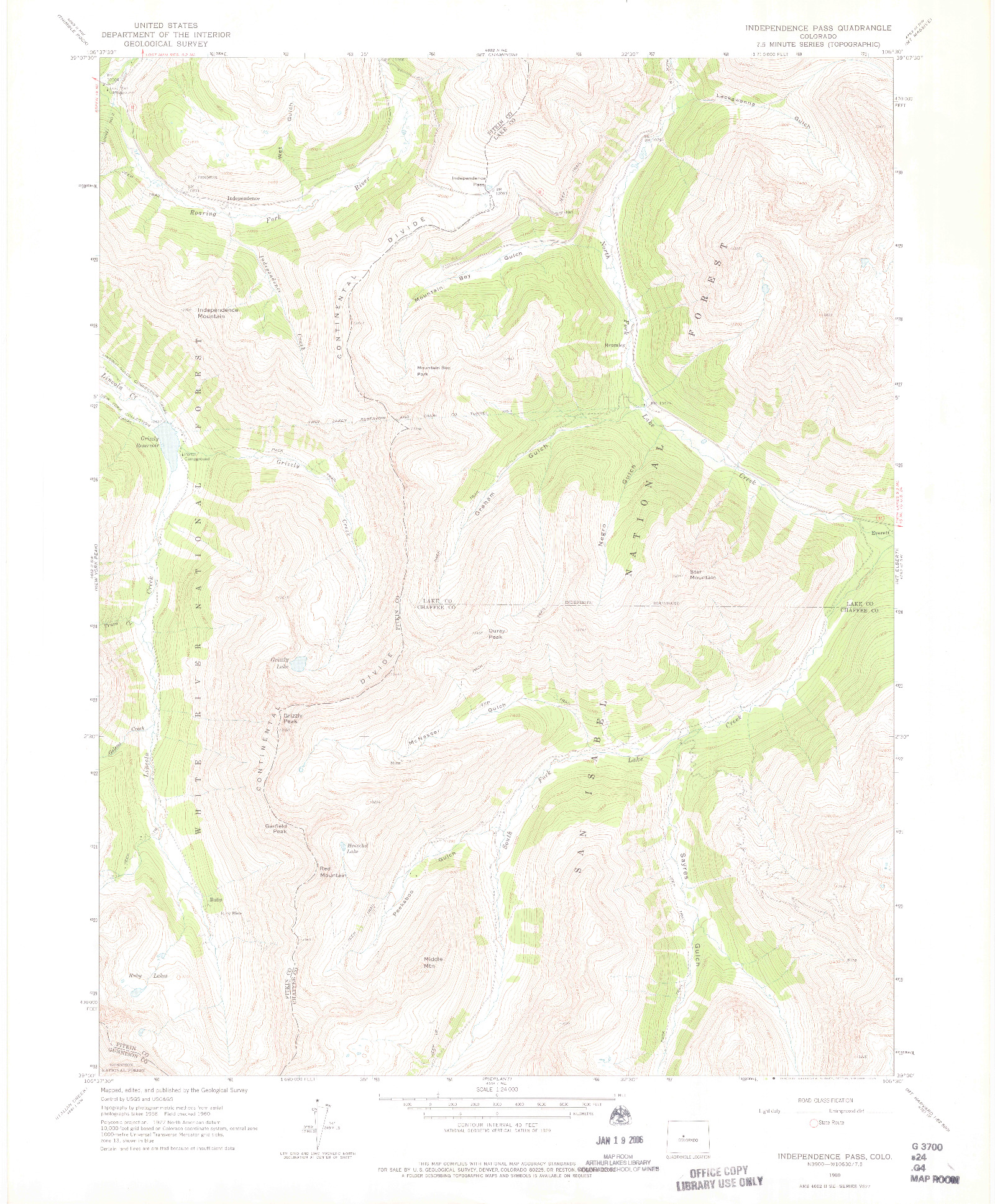 USGS 1:24000-SCALE QUADRANGLE FOR INDEPENDENCE PASS, CO 1960