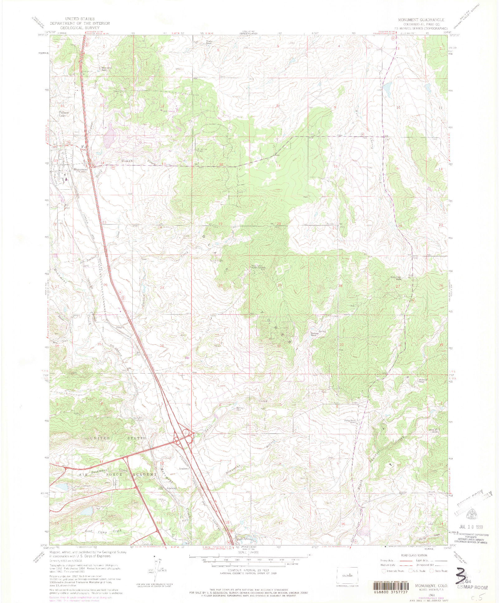 USGS 1:24000-SCALE QUADRANGLE FOR MONUMENT, CO 1961