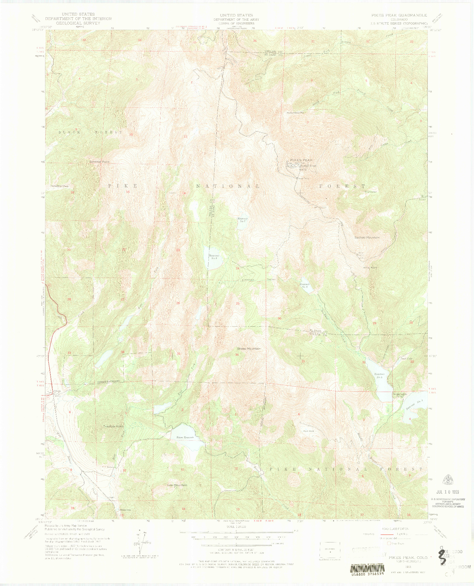 USGS 1:24000-SCALE QUADRANGLE FOR PIKES PEAK, CO 1951