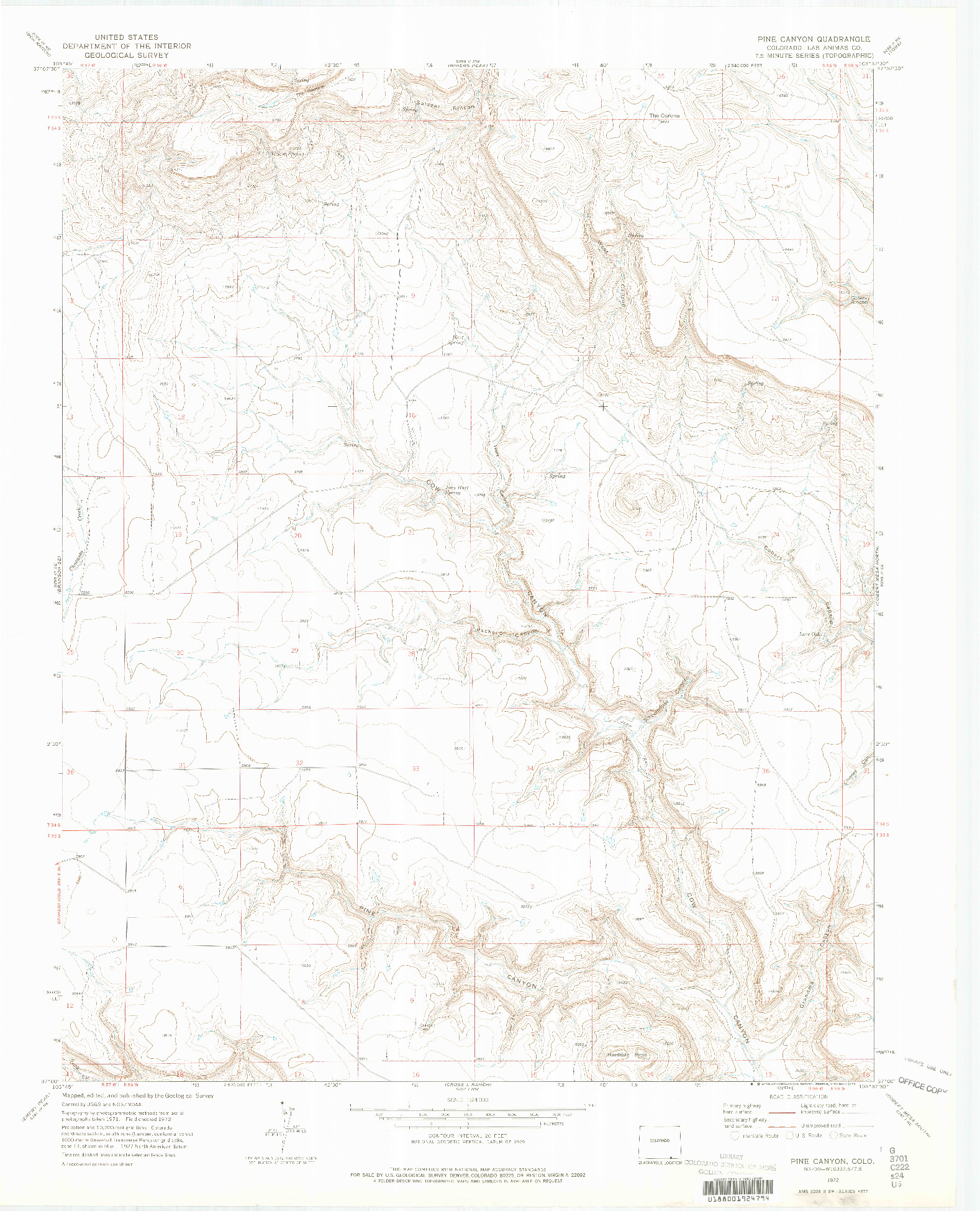 USGS 1:24000-SCALE QUADRANGLE FOR PINE CANYON, CO 1972
