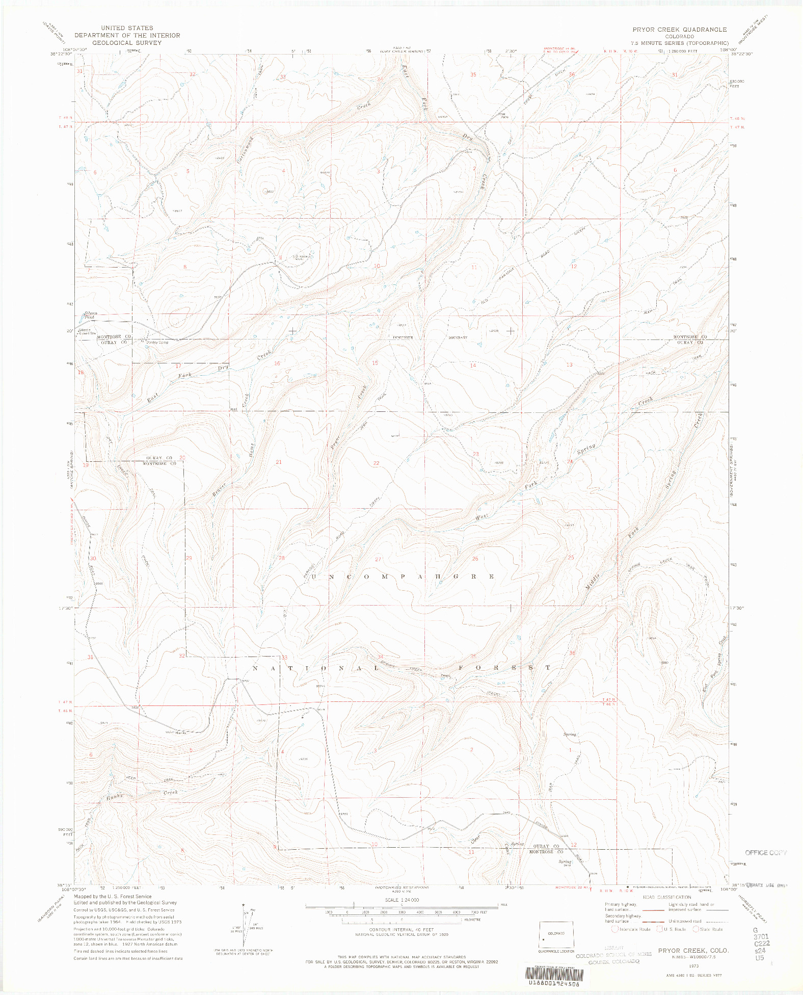 USGS 1:24000-SCALE QUADRANGLE FOR PRYOR CREEK, CO 1973