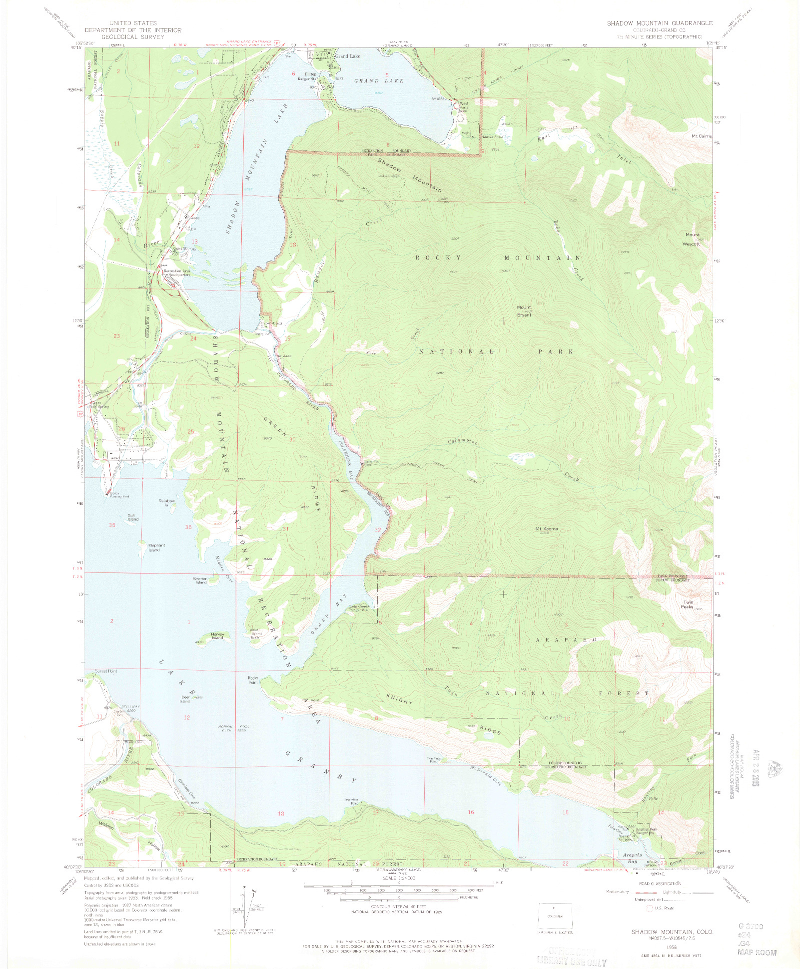 USGS 1:24000-SCALE QUADRANGLE FOR SHADOW MOUNTAIN, CO 1958