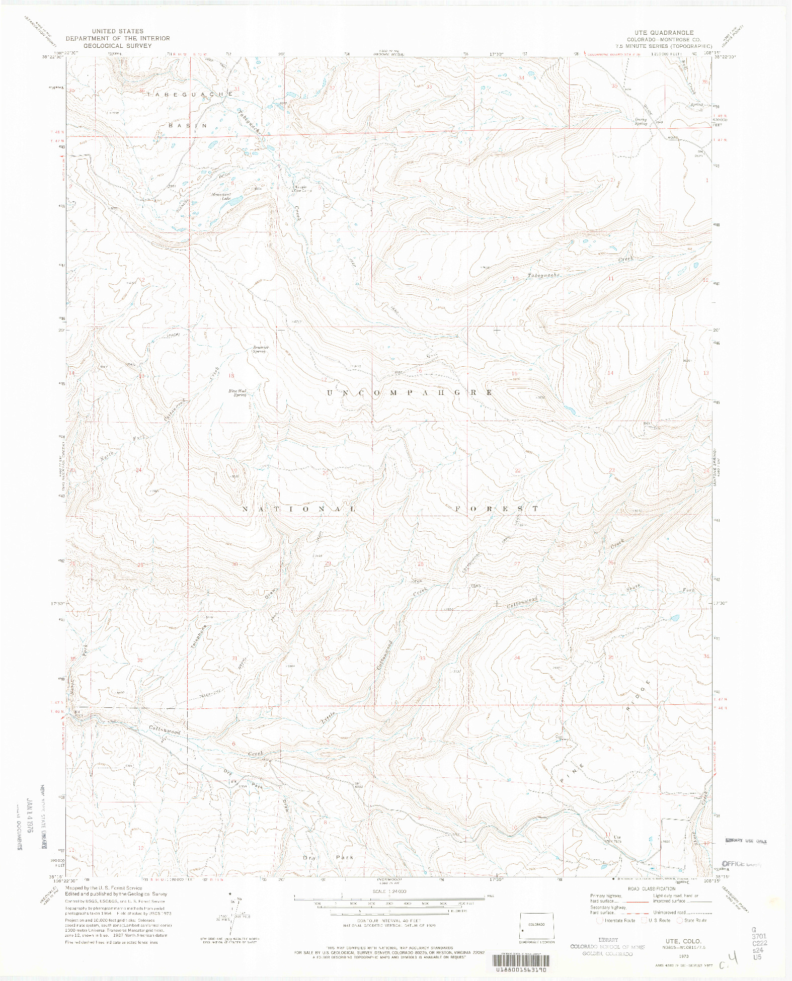 USGS 1:24000-SCALE QUADRANGLE FOR UTE, CO 1973