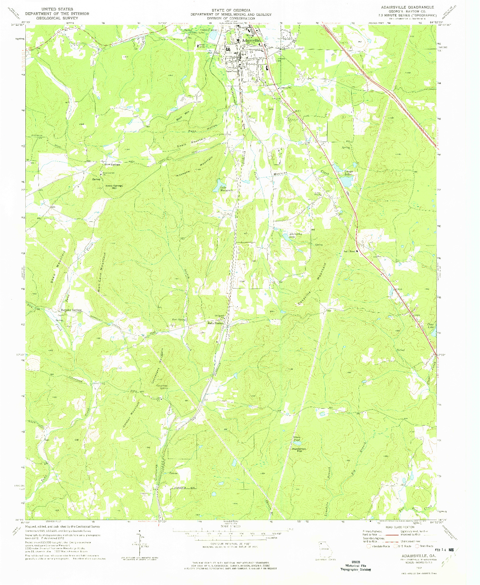 USGS 1:24000-SCALE QUADRANGLE FOR ADAIRSVILLE, GA 1972