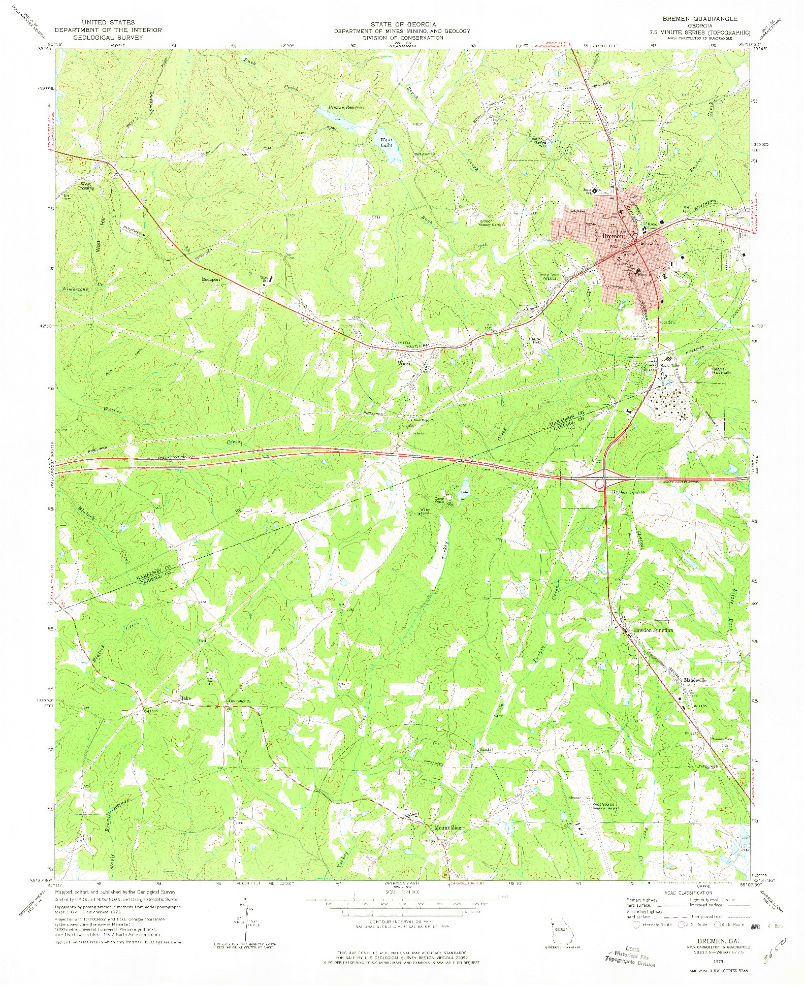 USGS 1:24000-SCALE QUADRANGLE FOR BREMEN, GA 1973