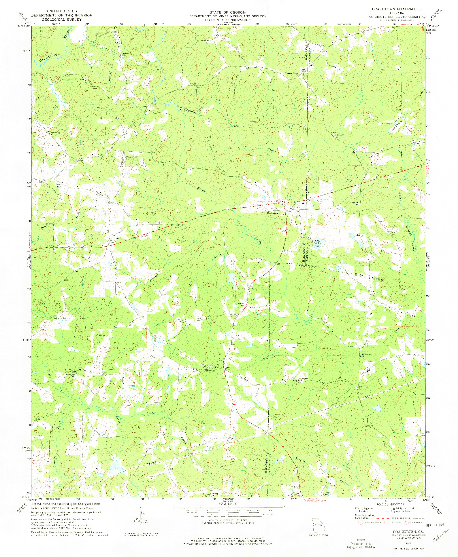 USGS 1:24000-SCALE QUADRANGLE FOR DRAKETOWN, GA 1973