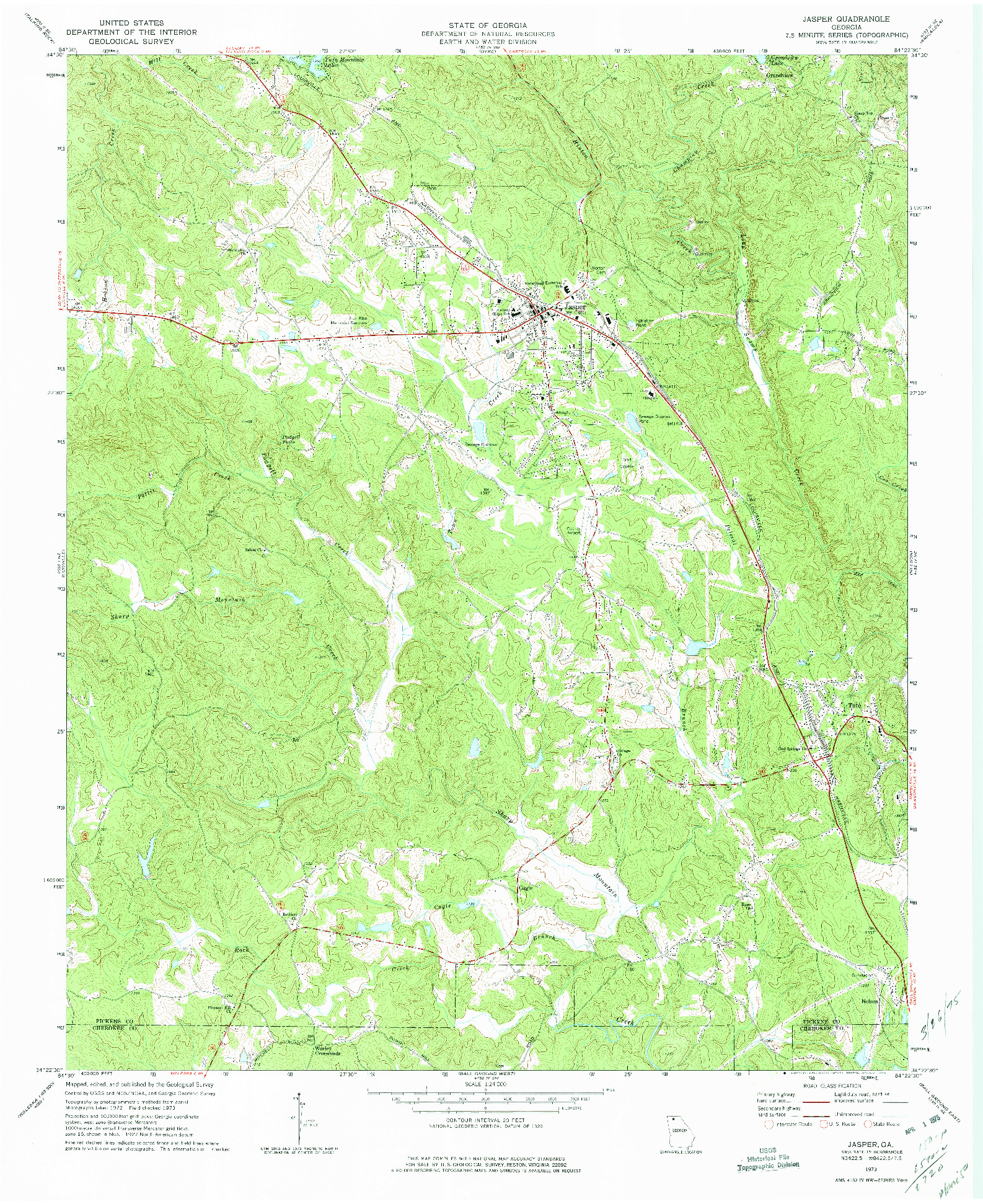 USGS 1:24000-SCALE QUADRANGLE FOR JASPER, GA 1973