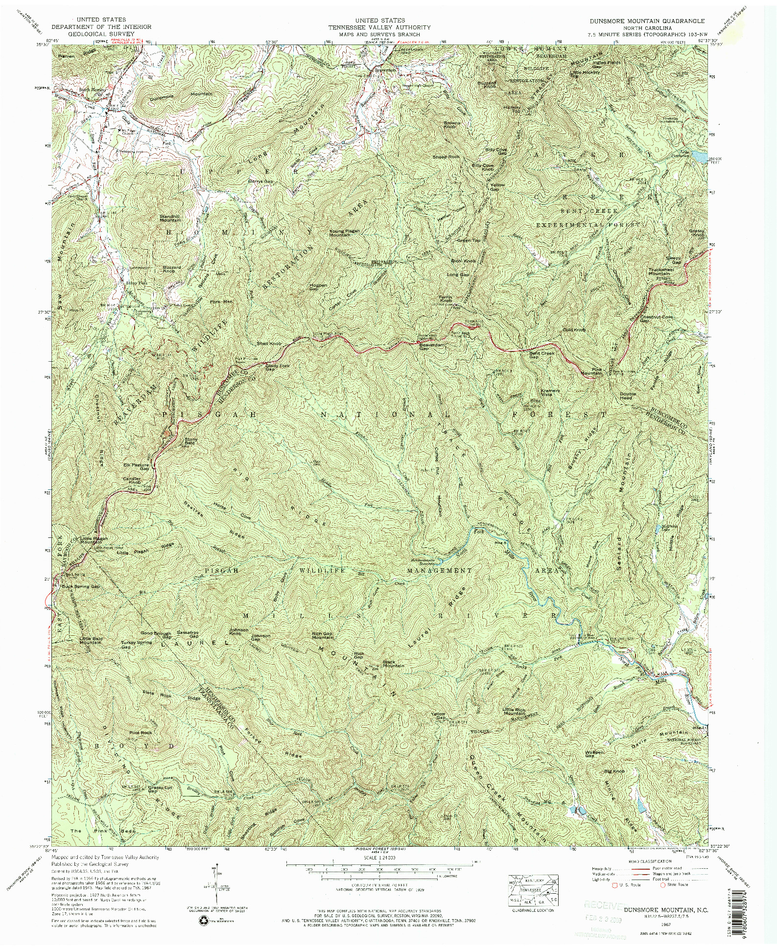 USGS 1:24000-SCALE QUADRANGLE FOR DUNSMORE MOUNTAIN, NC 1967