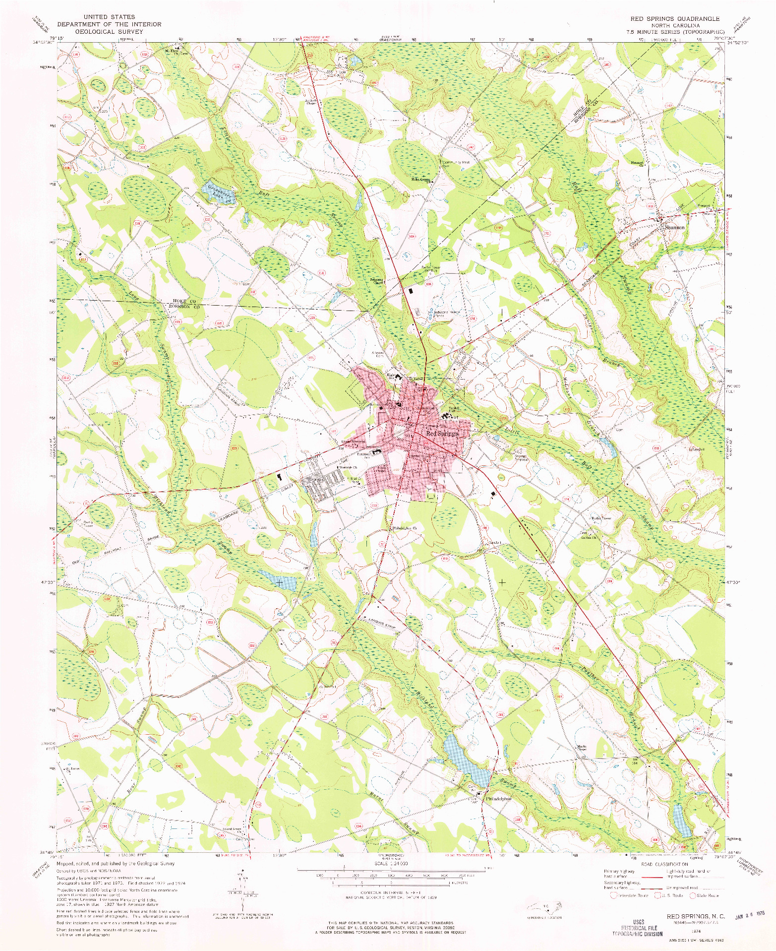 USGS 1:24000-SCALE QUADRANGLE FOR RED SPRINGS, NC 1974