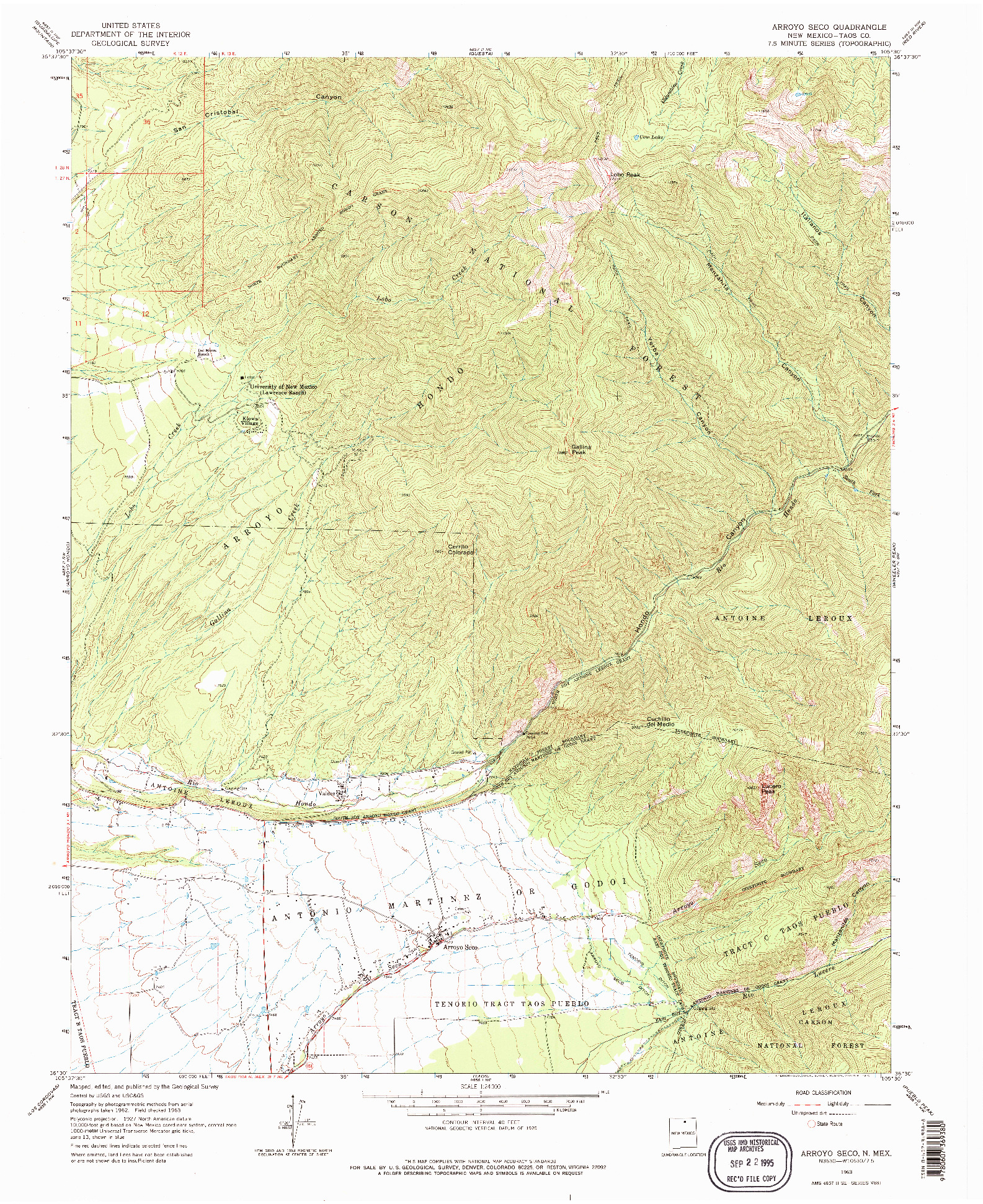 USGS 1:24000-SCALE QUADRANGLE FOR ARROYO SECO, NM 1963