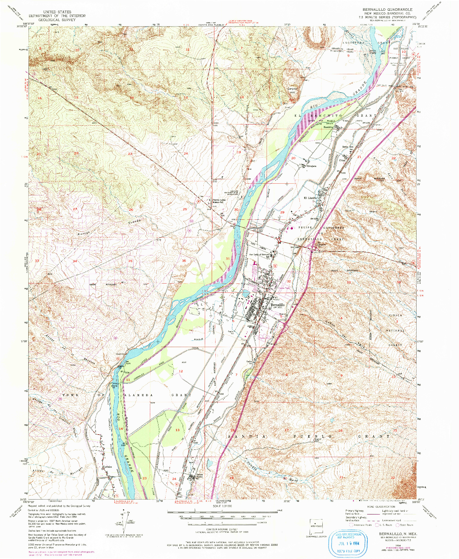 USGS 1:24000-SCALE QUADRANGLE FOR BERNALILLO, NM 1954