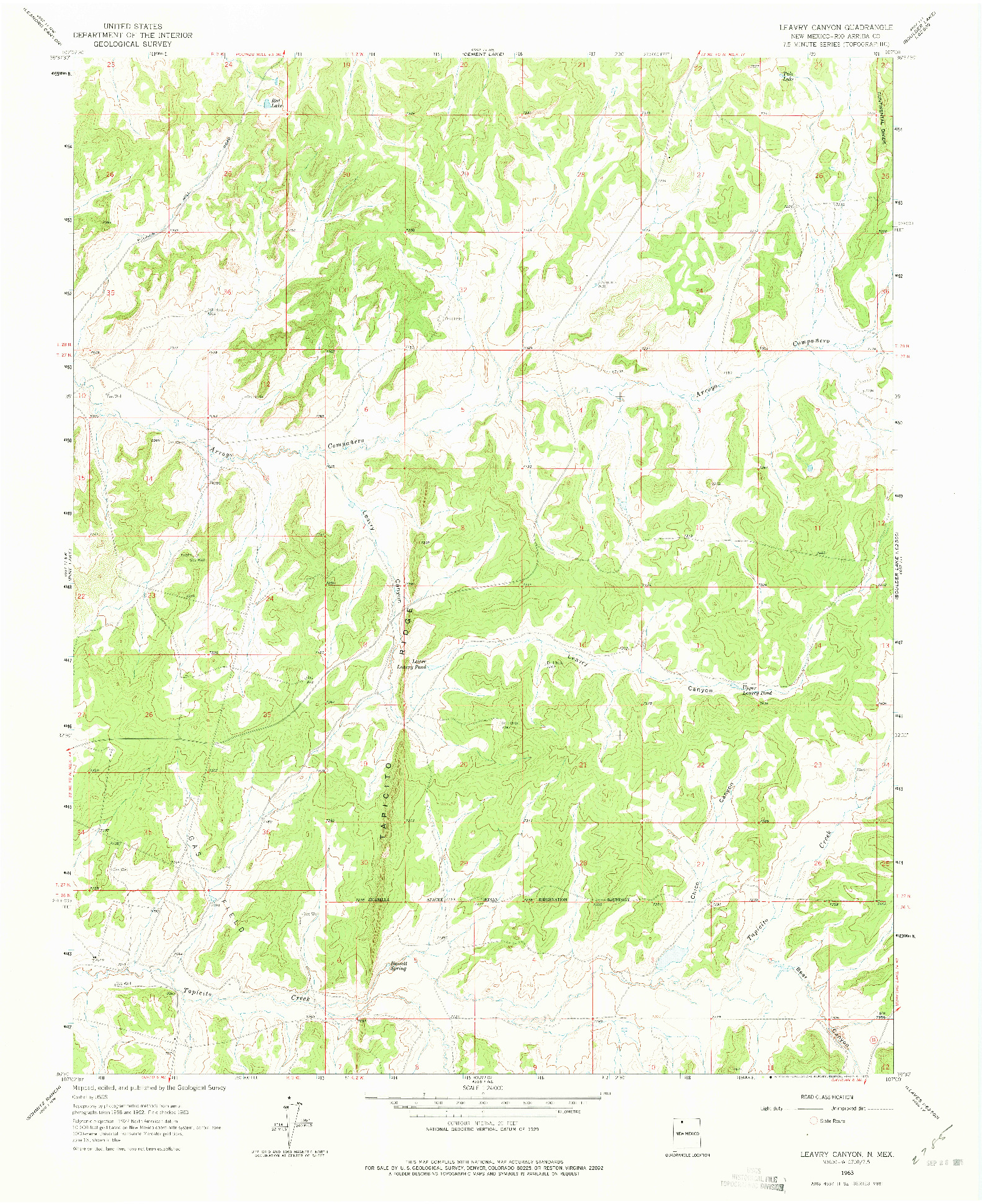 USGS 1:24000-SCALE QUADRANGLE FOR LEAVRY CANYON, NM 1963