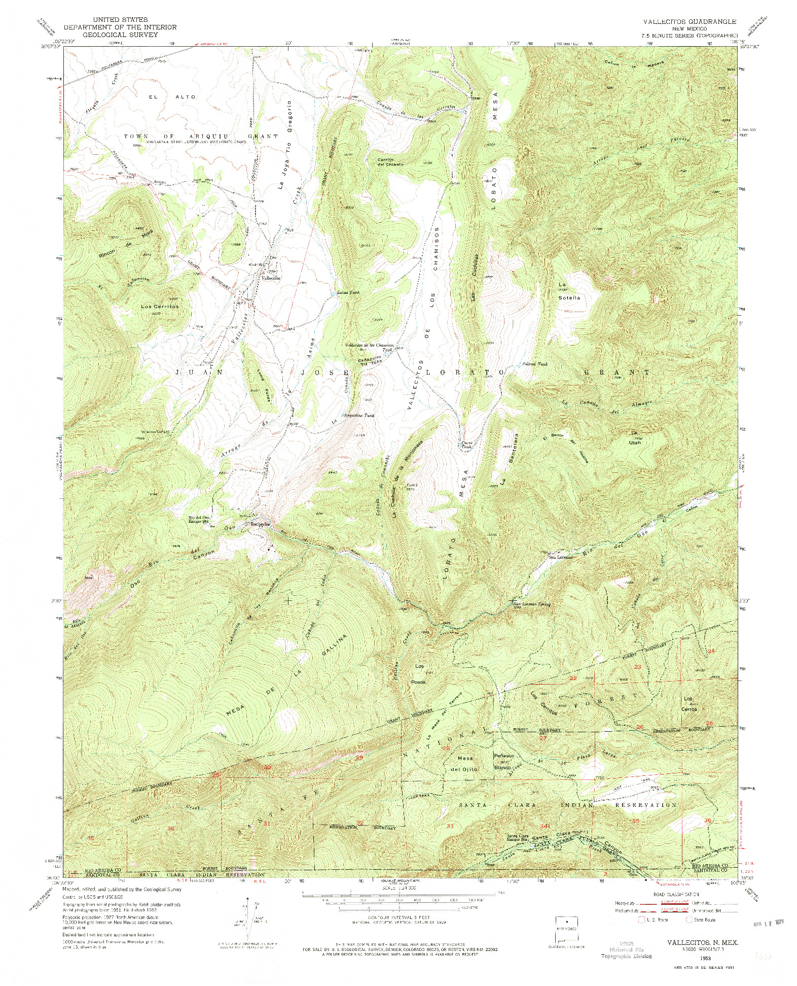 USGS 1:24000-SCALE QUADRANGLE FOR VALLECITOS, NM 1953