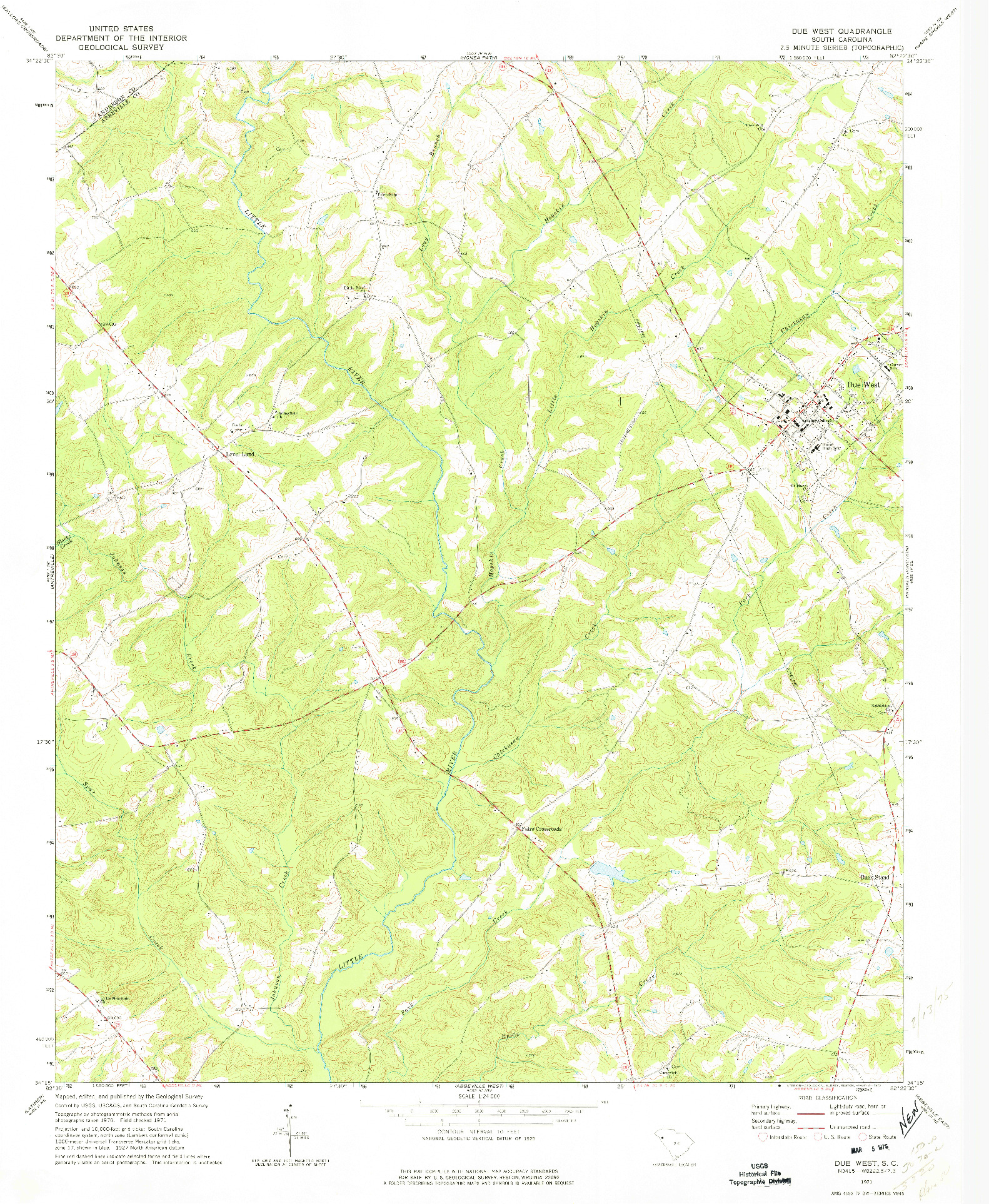 USGS 1:24000-SCALE QUADRANGLE FOR DUE WEST, SC 1971