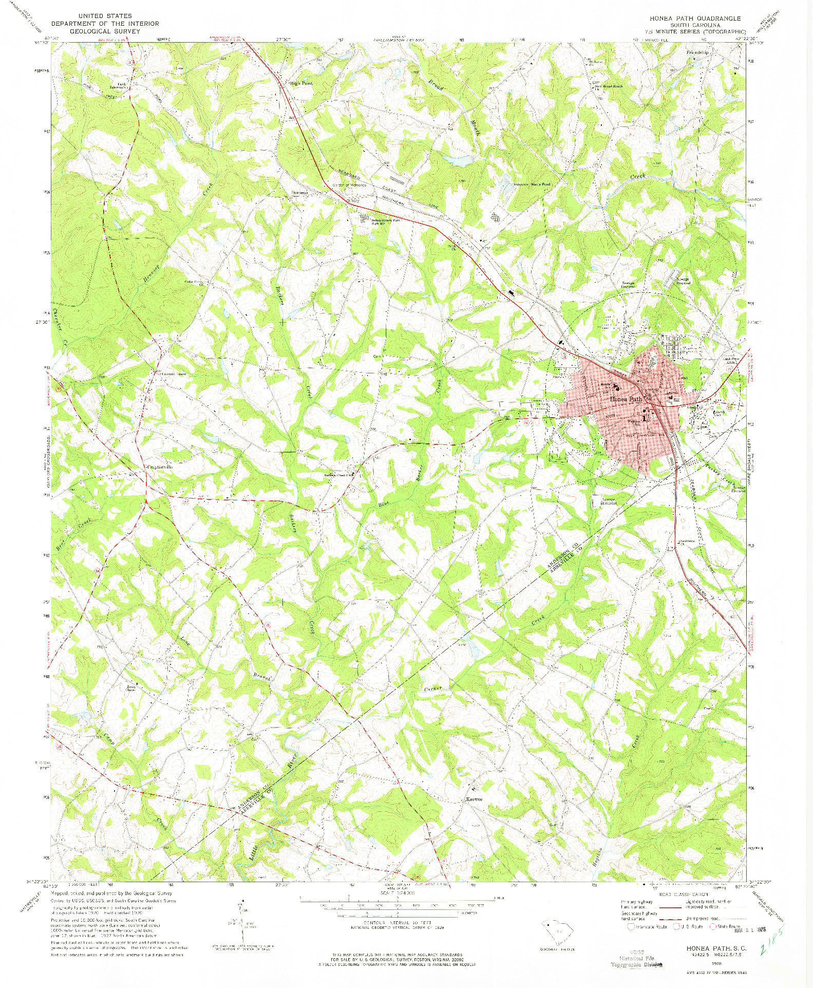 USGS 1:24000-SCALE QUADRANGLE FOR HONEA PATH, SC 1970