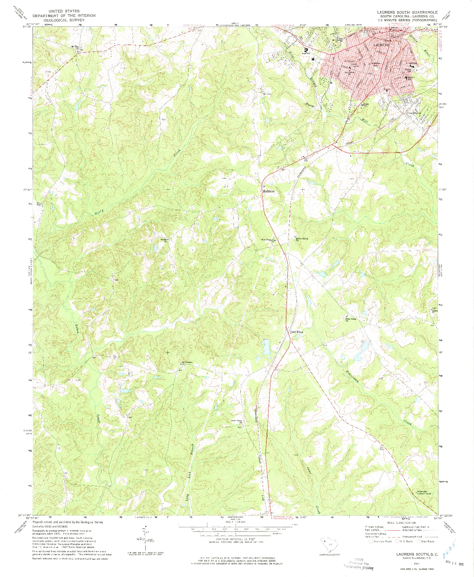 USGS 1:24000-SCALE QUADRANGLE FOR LAURENS SOUTH, SC 1971
