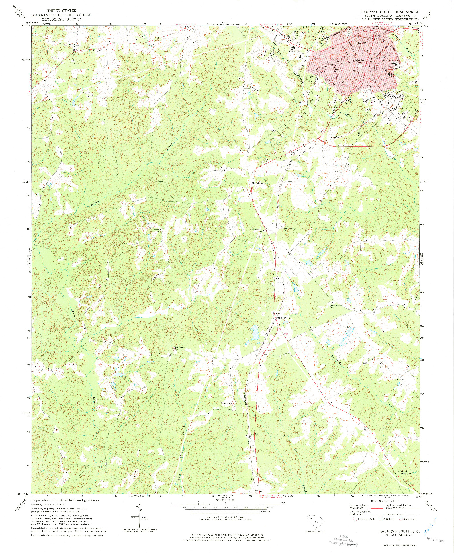 USGS 1:24000-SCALE QUADRANGLE FOR LAURENS SOUTH, SC 1971