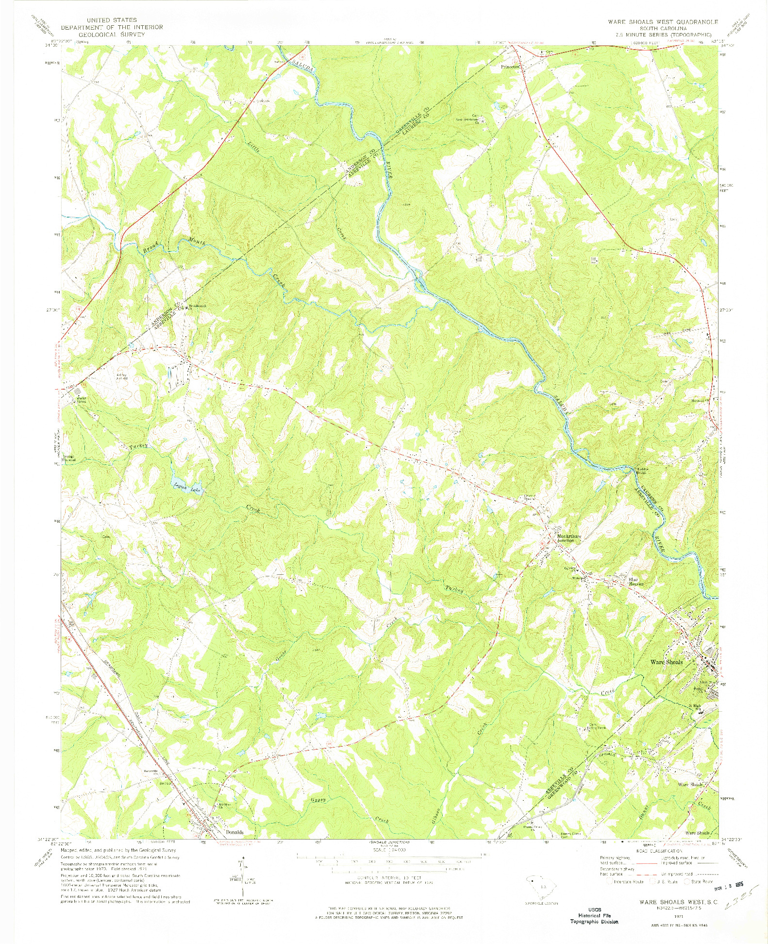 USGS 1:24000-SCALE QUADRANGLE FOR WARE SHOALS WEST, SC 1971